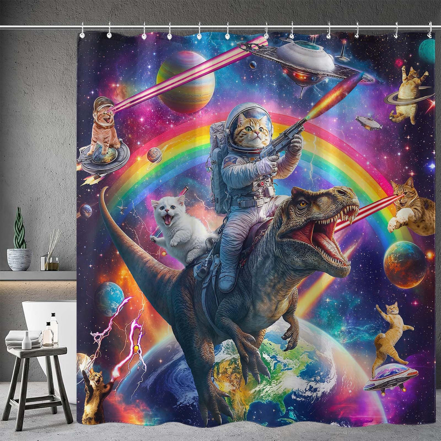 Fowocu Funny Cat Shower Curtain Set Teal Blue Sea Ocean Waterproof Fabric Shower Curtains with Animal Octopus Starfish Turtle Anchor Fish Nautical Bathroom Decor (Blue, 72''×72'')