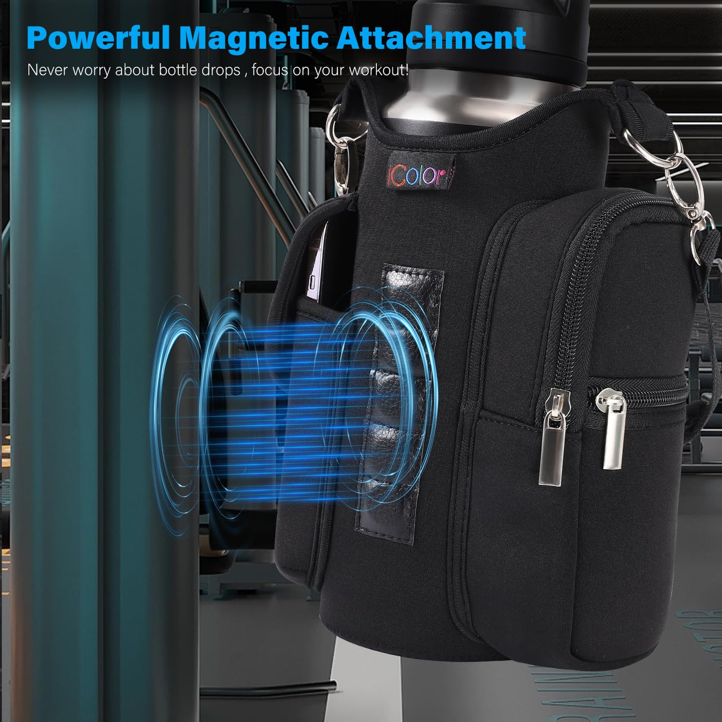 icolor Magnetic Gym Bag Water Bottle Carrier Holder with Phone Pockets & Shoulder Strap,5 Built-in Magnets Gym Bottle Pouch Sleeve,Magnetic Bag Gym Accessories Organizer for Men Women
