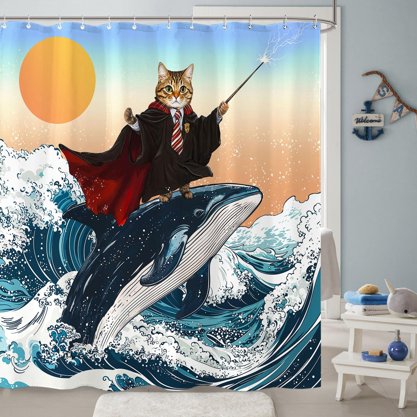 Fowocu Funny Cat Shower Curtain Set Teal Blue Sea Ocean Waterproof Fabric Shower Curtains with Animal Octopus Starfish Turtle Anchor Fish Nautical Bathroom Decor (Blue, 72''×72'')