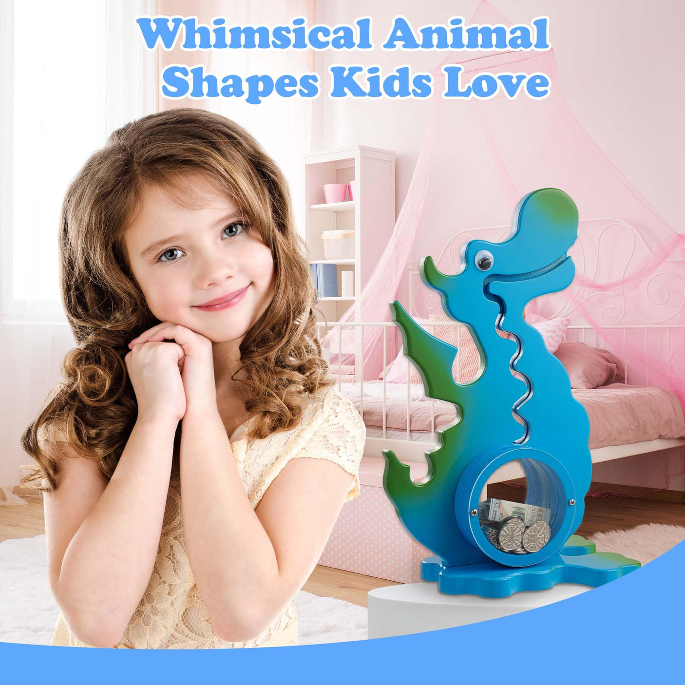 Wooden Dinosaur Piggy Bank Boalord for Boys Kids Girls Clear Big Belly Animal Coin Bank for Toddler Real Money Toy(Dino-Blue)