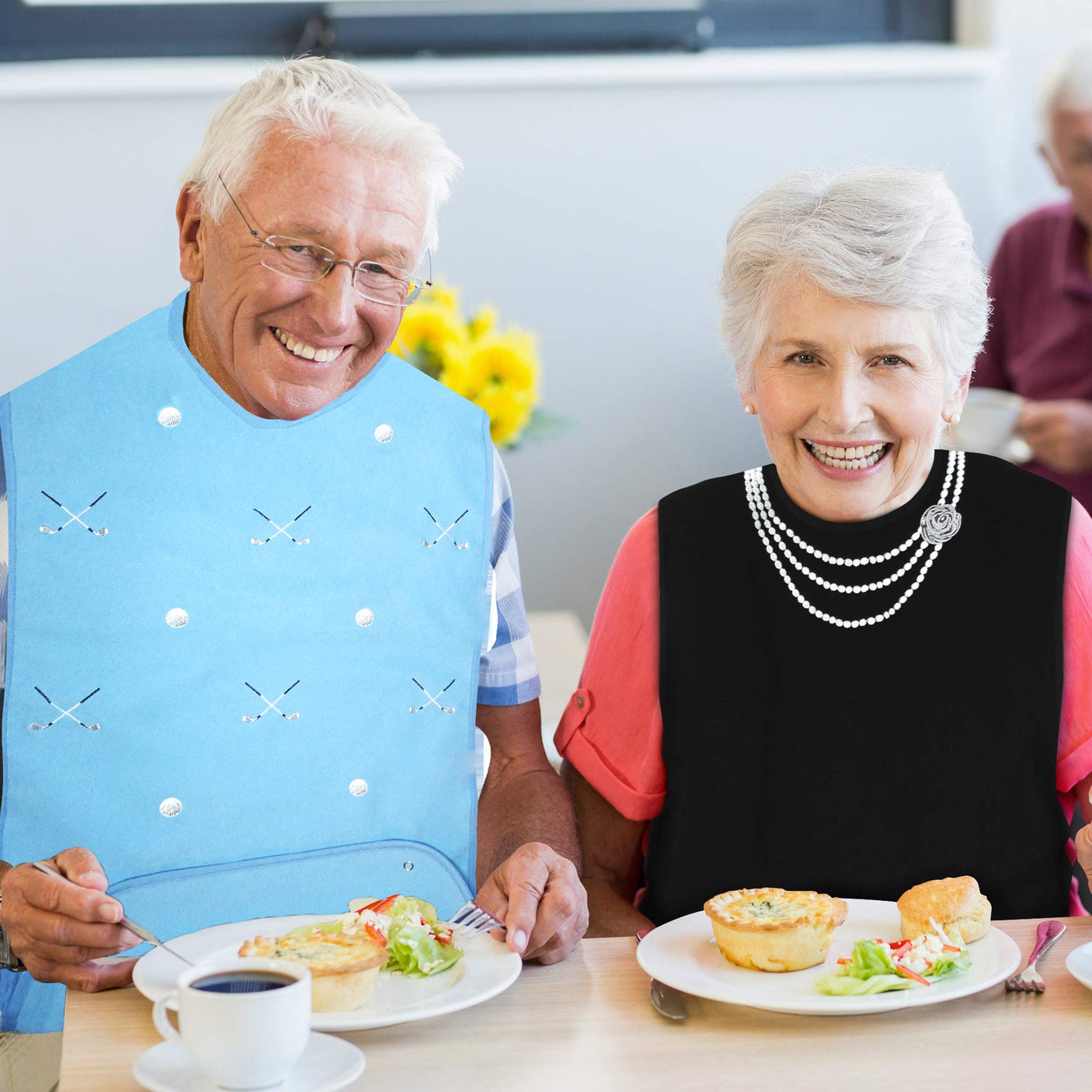 Adult Bibs for Men, Dress ‘n Dine™ Clothing Protectors for Eating, Senior Adult Bib Terry Cloth Crumb Catcher, Embroidered Design, Waterproof, Reusable, Washable (Blue Tie + Tuxedo)