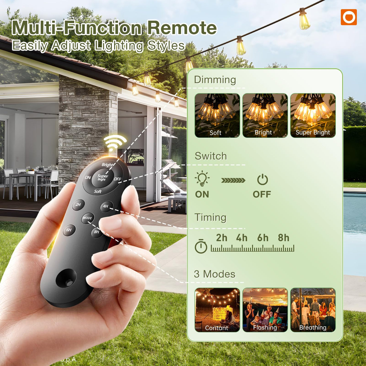 addlon 54(48+6) FT Solar String Lights Waterproof,Patio Lights Solar Powered with Remote & USB Port 15+1 LED Shatterproof Bulbs 3 Light Modes, Dimmable Solar Light for Camping Backyard Garden