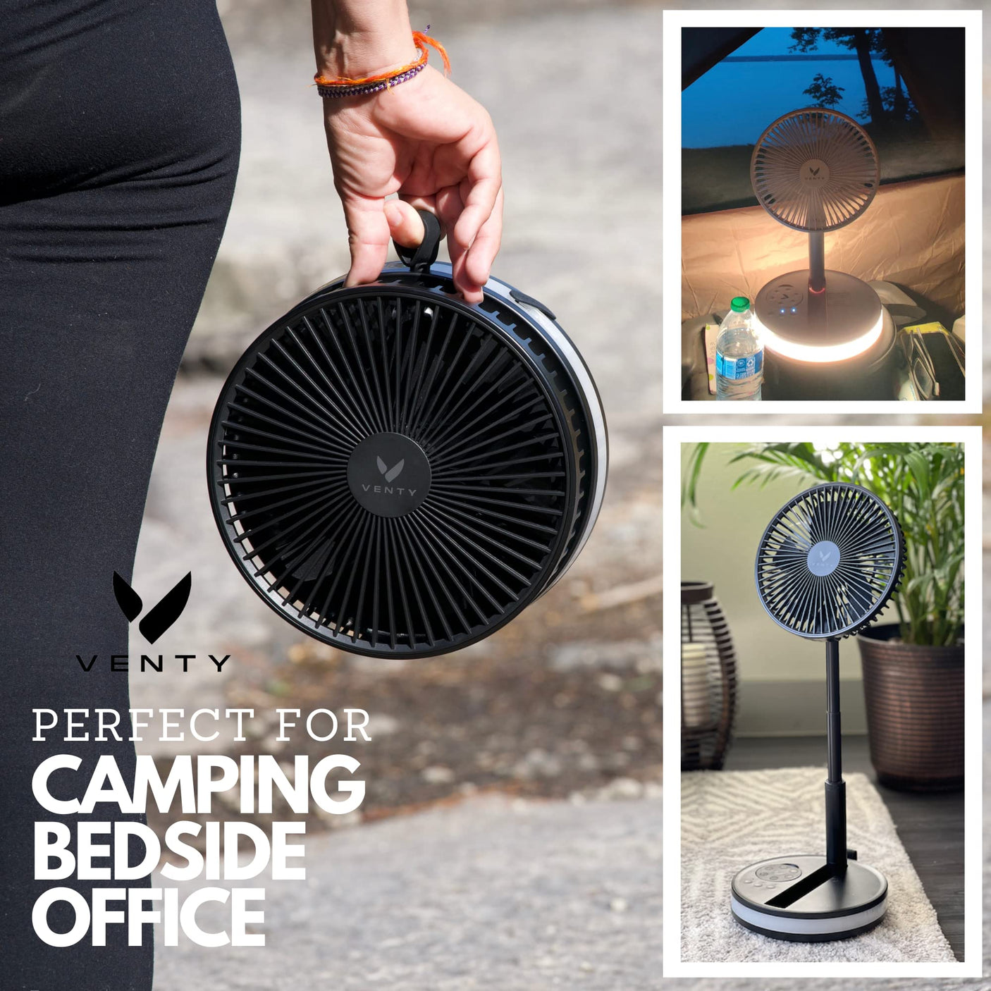 VENTY Original Portable Fan - Wireless Battery Operated Fan With 4 Speeds, LED Lighting, Carry Case & Remote Control - Premium Travel Rechargeable Fan & Power Bank With USB & USB-C Ports (Black)