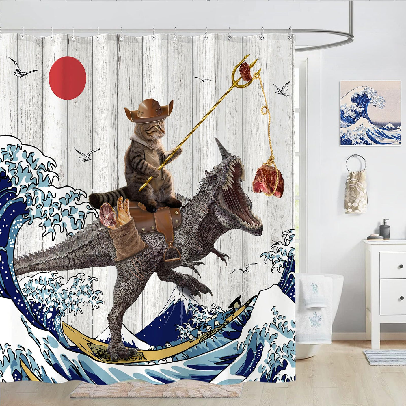 Fowocu Funny Cat Shower Curtain Set Teal Blue Sea Ocean Waterproof Fabric Shower Curtains with Animal Octopus Starfish Turtle Anchor Fish Nautical Bathroom Decor (Blue, 72''×72'')