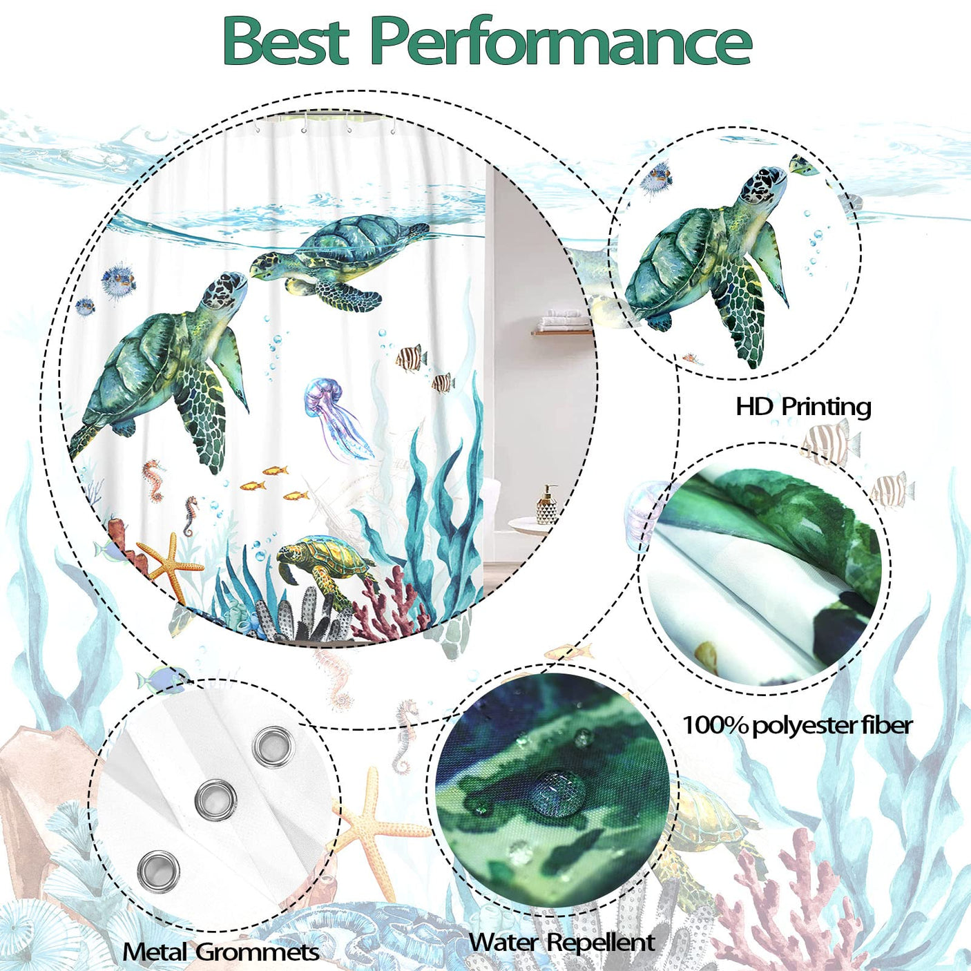 Fowocu Funny Cat Shower Curtain Set Teal Blue Sea Ocean Waterproof Fabric Shower Curtains with Animal Octopus Starfish Turtle Anchor Fish Nautical Bathroom Decor (Blue, 72''×72'')