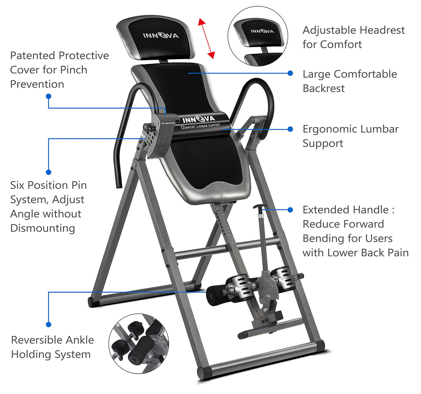 Innova Inversion Table with Adjustable Headrest, Reversible Ankle Holders, and 300 lb Weight Capacity