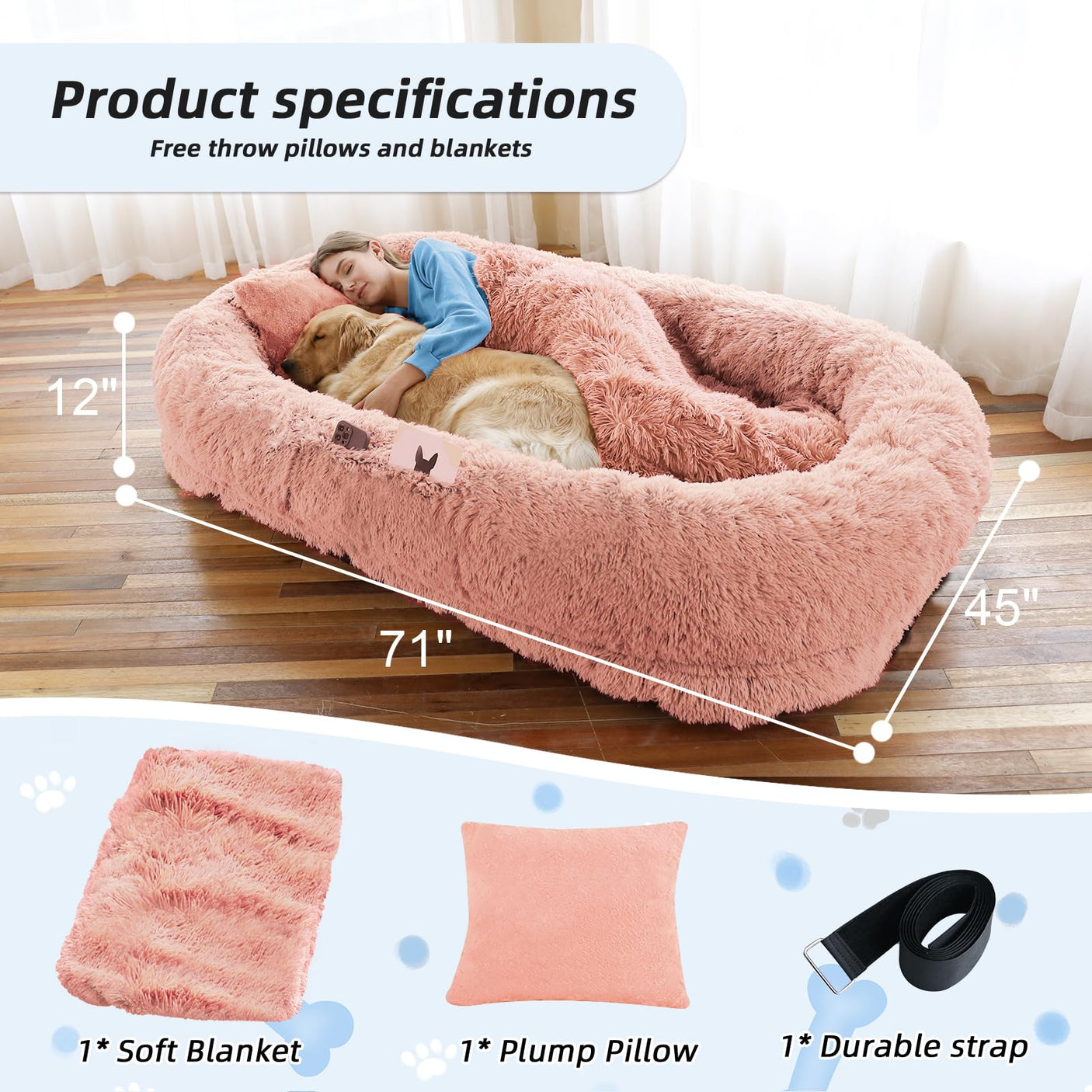 Human Dog Bed, Large Dog Beds for Humans Size Fits You and Pets, Washable Faux Fur Orthopedic Human Pet Bed for People Doze Off, Napping, Present Pillow, Blanket, Strap - Khaki
