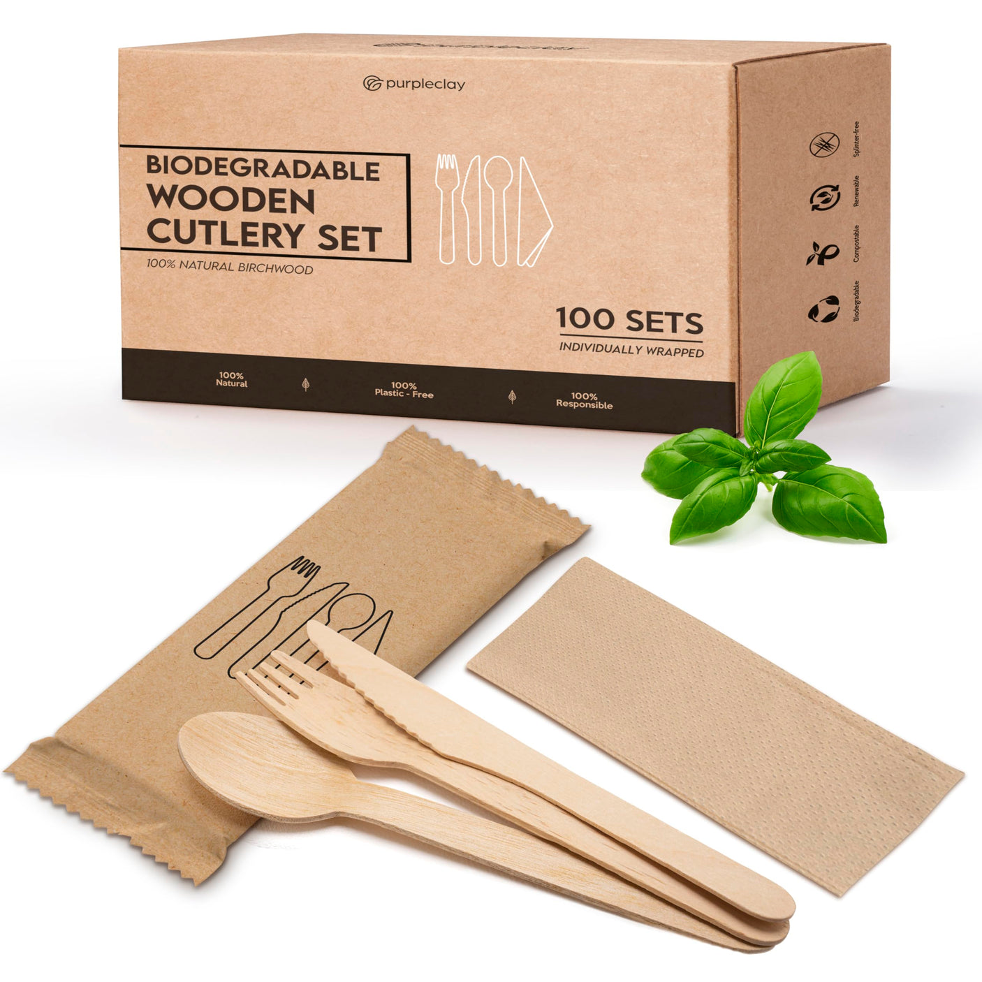 Wooden Compostable Utensils Set - 360 Pieces (120 Forks 120 Spoons 120 Knives) Sturdy Wood Disposable Cutlery - Eco-Friendly Biodegradable Utensils for Party - Free From Plastic Cutlery Set for Eating