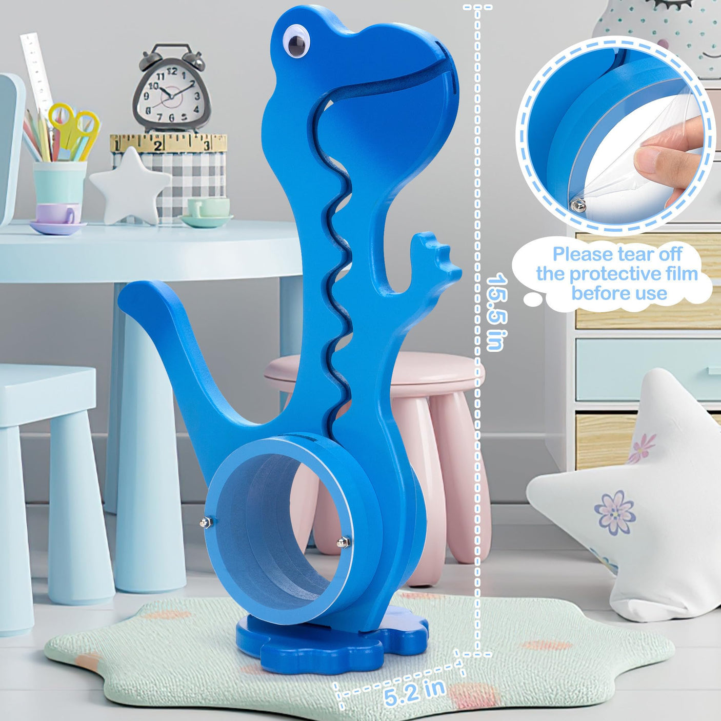 Wooden Dinosaur Piggy Bank Boalord for Boys Kids Girls Clear Big Belly Animal Coin Bank for Toddler Real Money Toy(Dino-Blue)