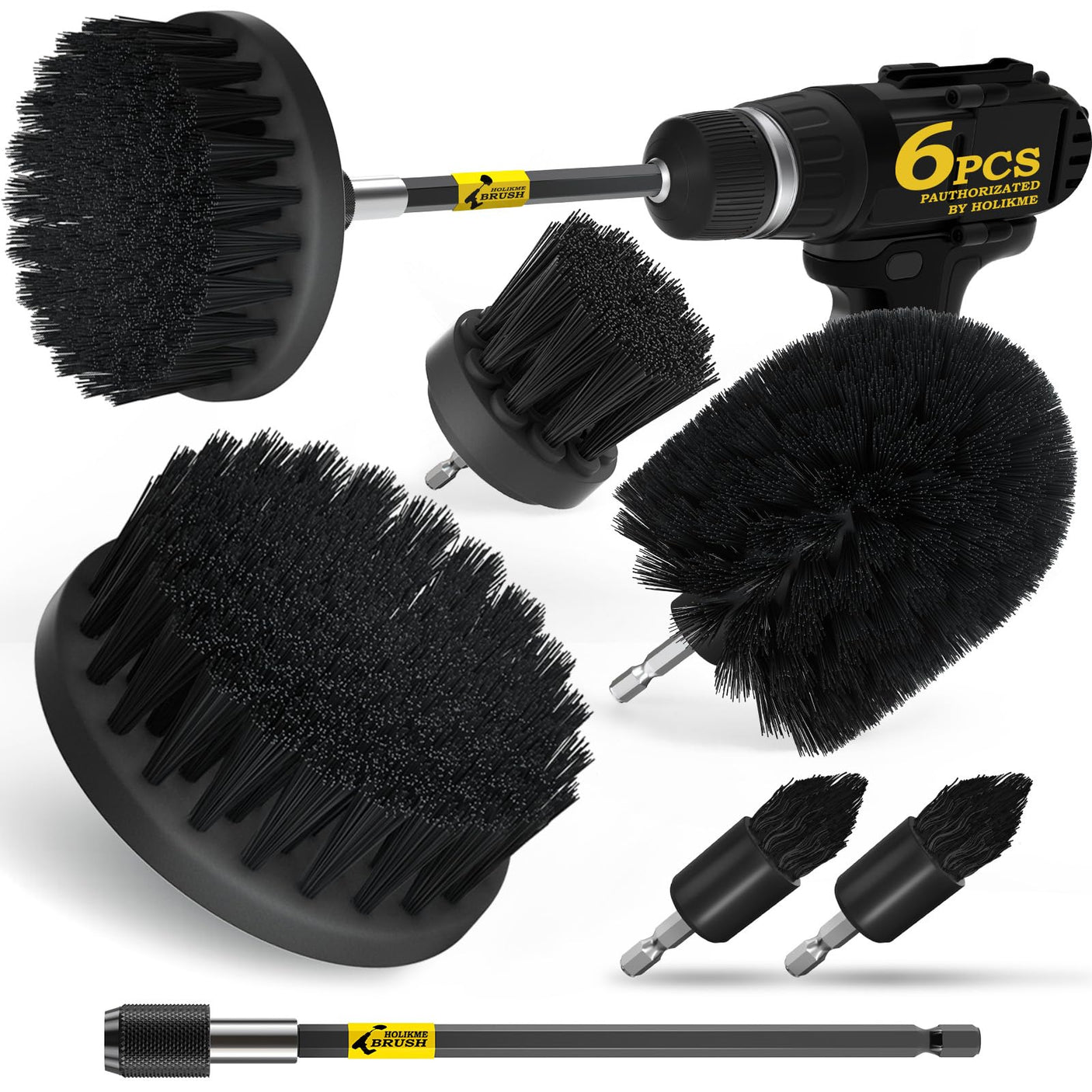 Holikme 6Pack Drill Brush Power Scrubber Cleaning Brush Extended Long Attachment Set All Purpose Drill Scrub Brushes Kit for Grout, Floor, Tub, Bathroom and Kitchen Surface,Scratch Brushes(Yellow)