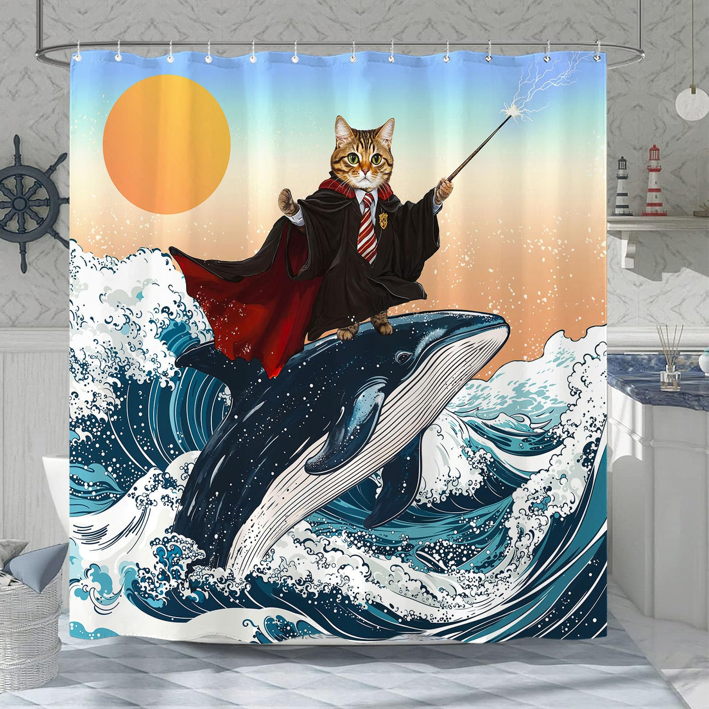 Fowocu Funny Cat Shower Curtain Set Teal Blue Sea Ocean Waterproof Fabric Shower Curtains with Animal Octopus Starfish Turtle Anchor Fish Nautical Bathroom Decor (Blue, 72''×72'')