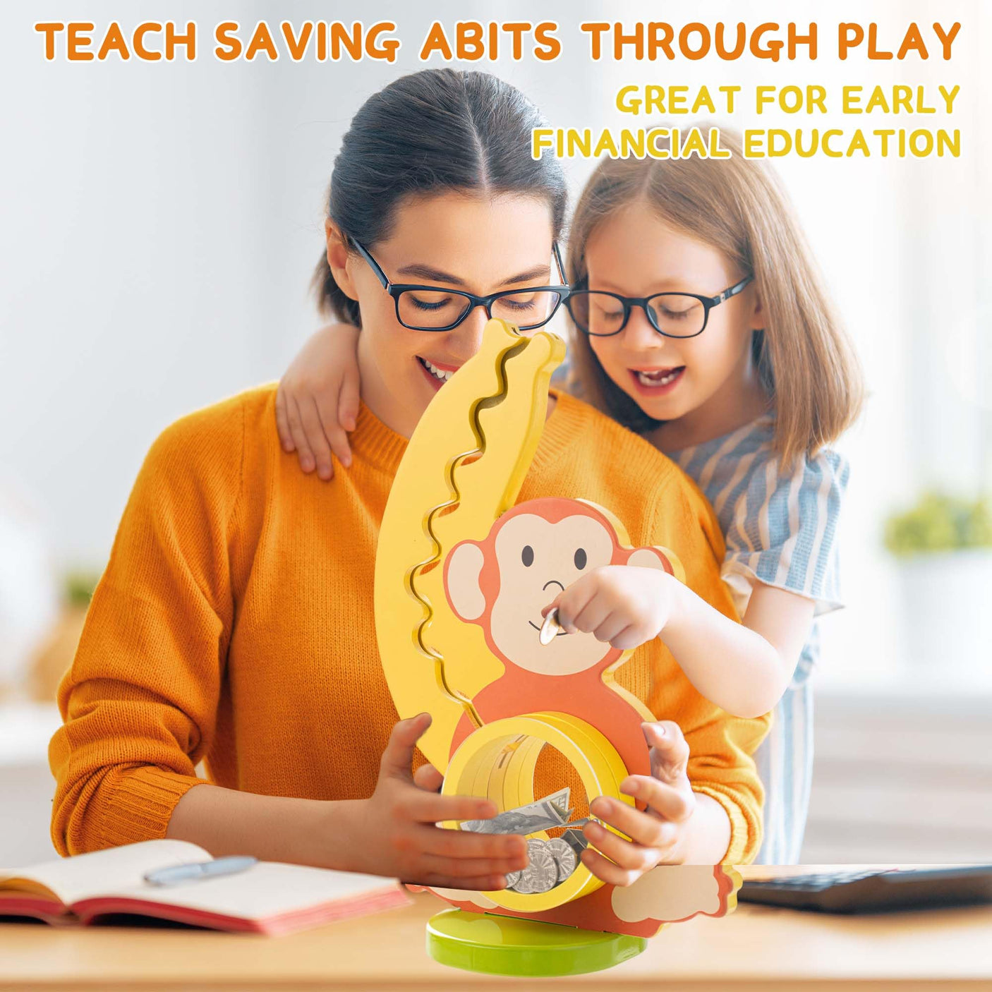 Wooden Dinosaur Piggy Bank Boalord for Boys Kids Girls Clear Big Belly Animal Coin Bank for Toddler Real Money Toy(Dino-Blue)