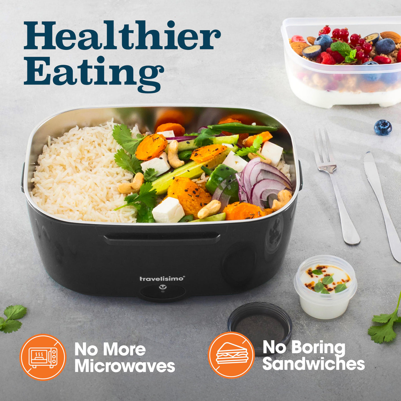 TRAVELISIMO Electric Lunch Box for Adults 80W Heated Lunch Box For Men 1.5L Stainless Steel Portable Food Warmer, 12/24/110V Electric Food Warmers for Travel & Work, Loncheras Para Hombres de Trabajo