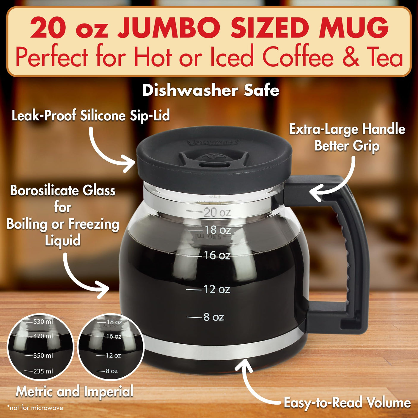 Cupa Joe Coffee Mug – 20oz Borosilicate Glass Diner Pot Mug with Spill-Proof Lid – Funny Novelty Gift for Coffee Lovers, Dads, Office, Travel & More