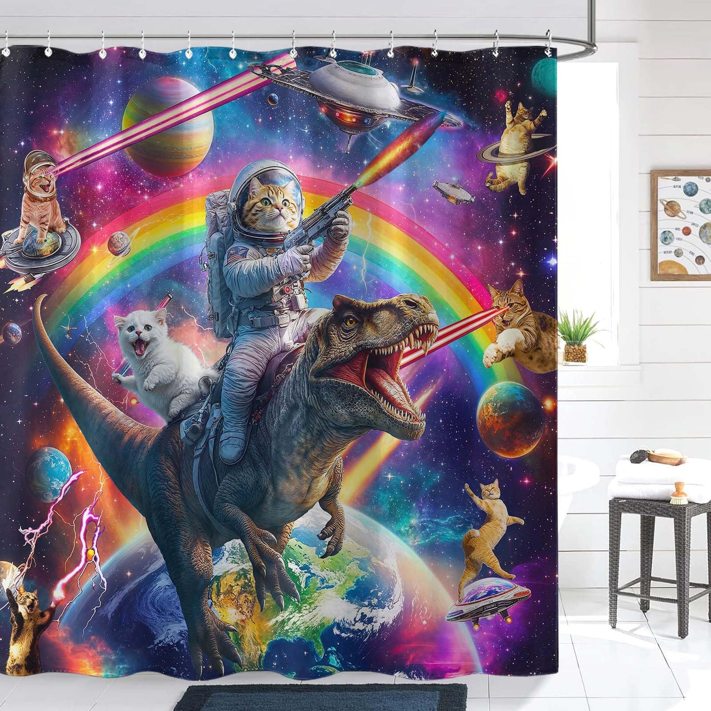 Fowocu Funny Cat Shower Curtain Set Teal Blue Sea Ocean Waterproof Fabric Shower Curtains with Animal Octopus Starfish Turtle Anchor Fish Nautical Bathroom Decor (Blue, 72''×72'')