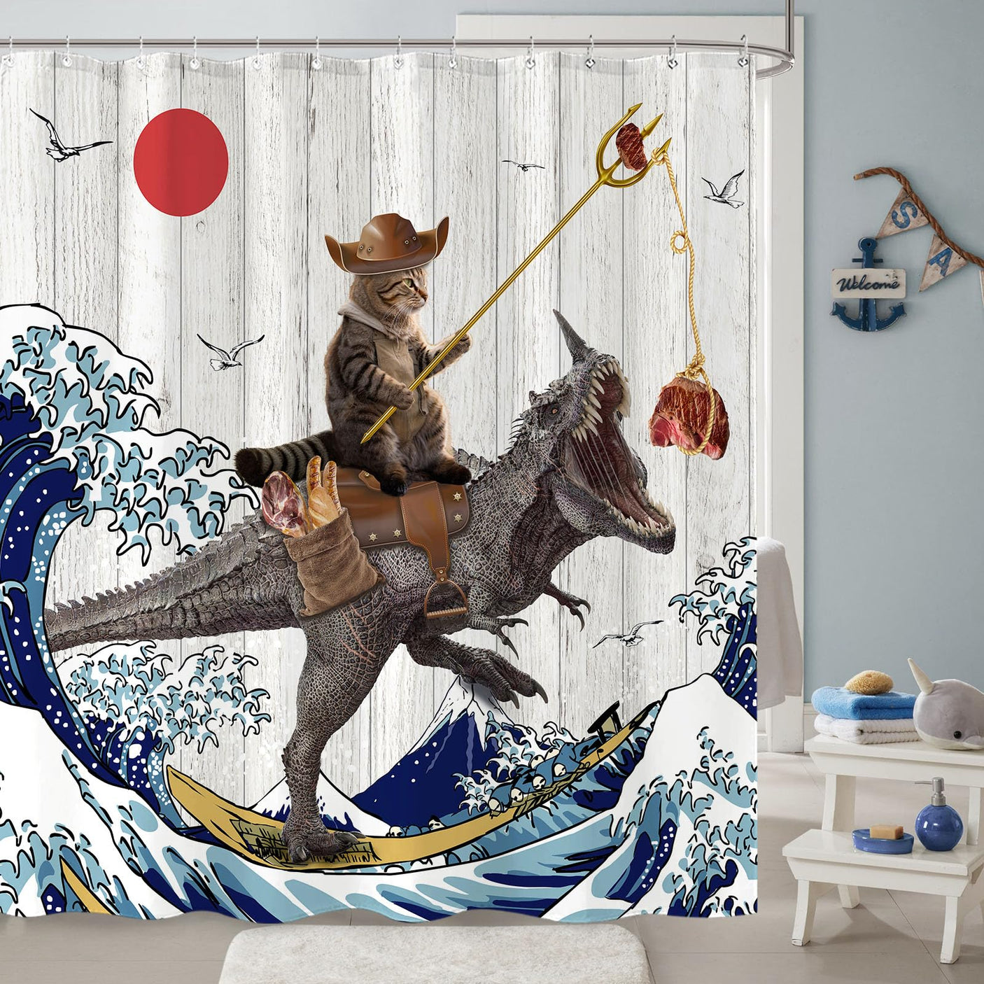 Fowocu Funny Cat Shower Curtain Set Teal Blue Sea Ocean Waterproof Fabric Shower Curtains with Animal Octopus Starfish Turtle Anchor Fish Nautical Bathroom Decor (Blue, 72''×72'')