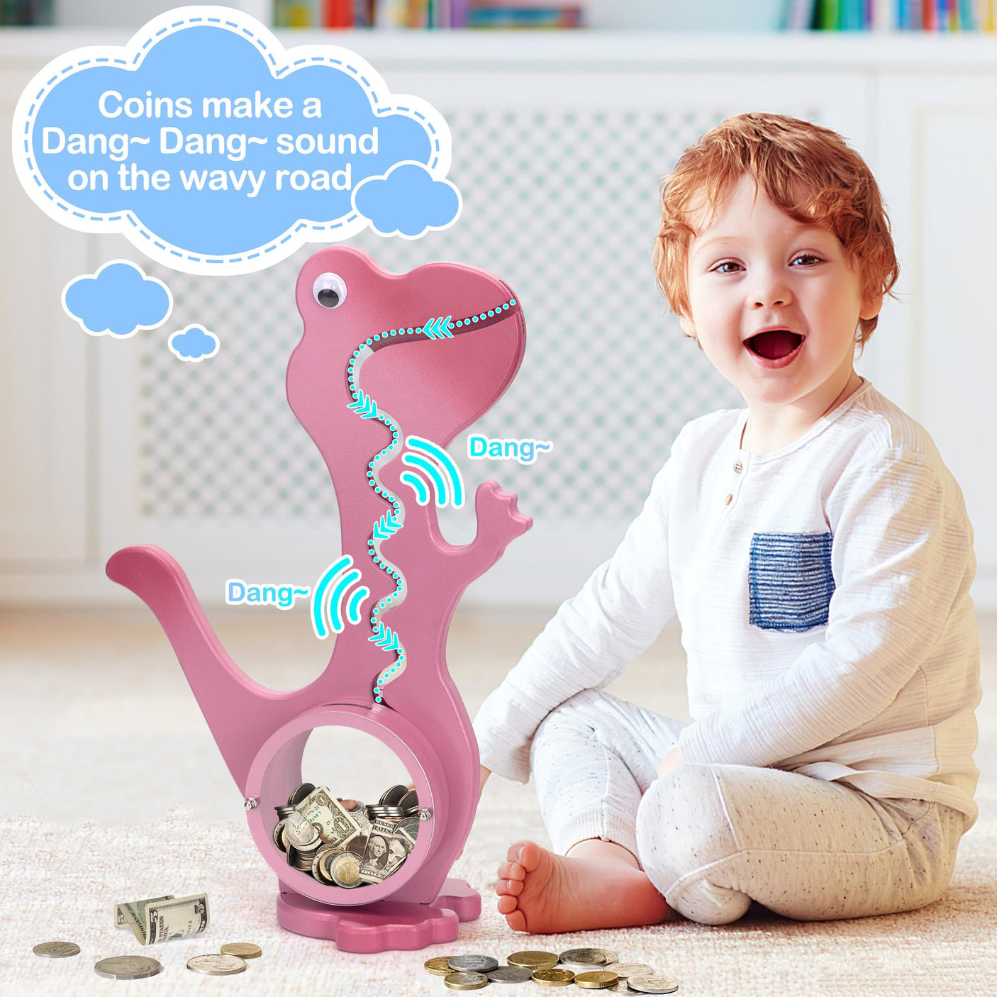 Wooden Dinosaur Piggy Bank Boalord for Boys Kids Girls Clear Big Belly Animal Coin Bank for Toddler Real Money Toy(Dino-Blue)