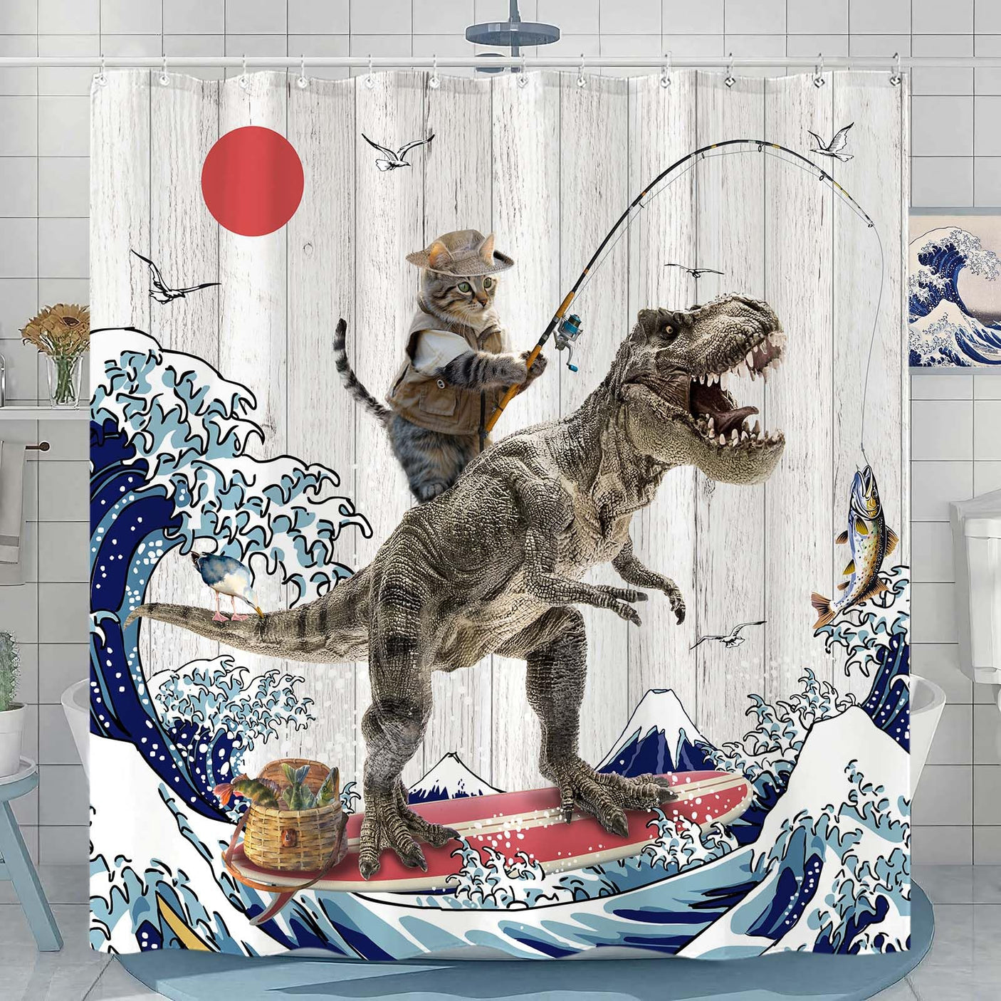 Fowocu Funny Cat Shower Curtain Set Teal Blue Sea Ocean Waterproof Fabric Shower Curtains with Animal Octopus Starfish Turtle Anchor Fish Nautical Bathroom Decor (Blue, 72''×72'')