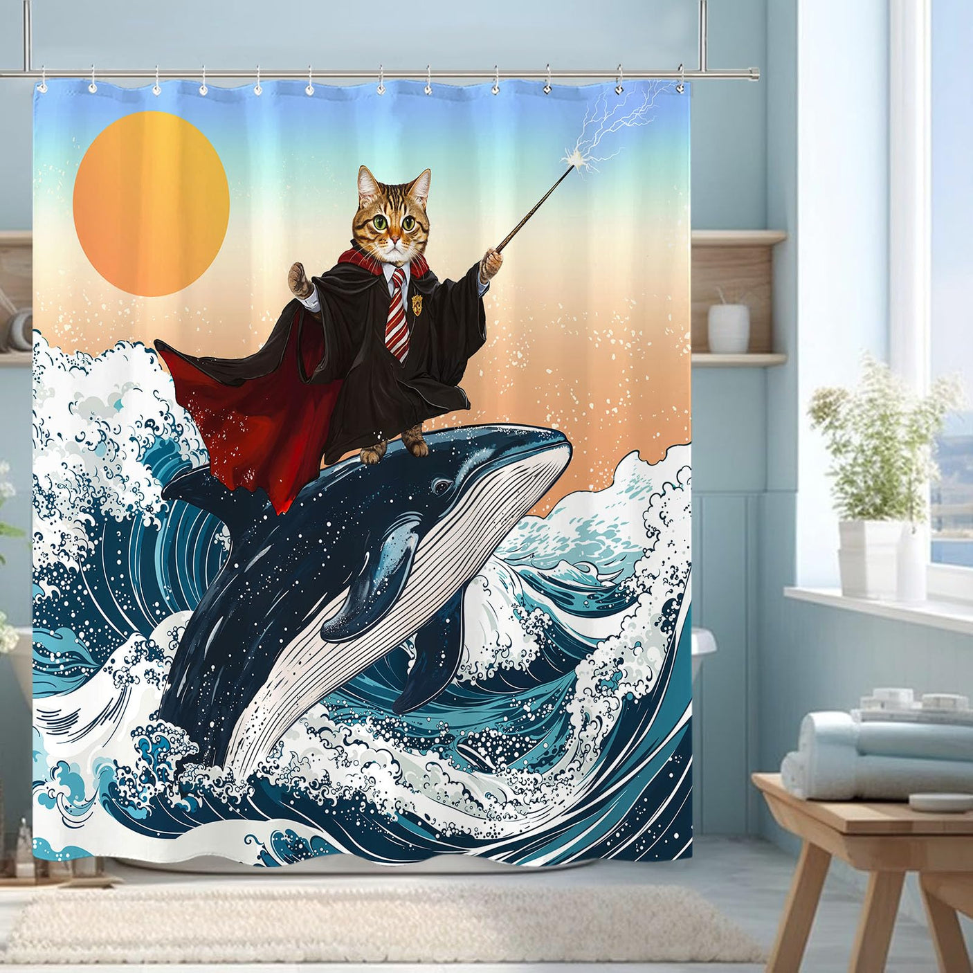 Fowocu Funny Cat Shower Curtain Set Teal Blue Sea Ocean Waterproof Fabric Shower Curtains with Animal Octopus Starfish Turtle Anchor Fish Nautical Bathroom Decor (Blue, 72''×72'')