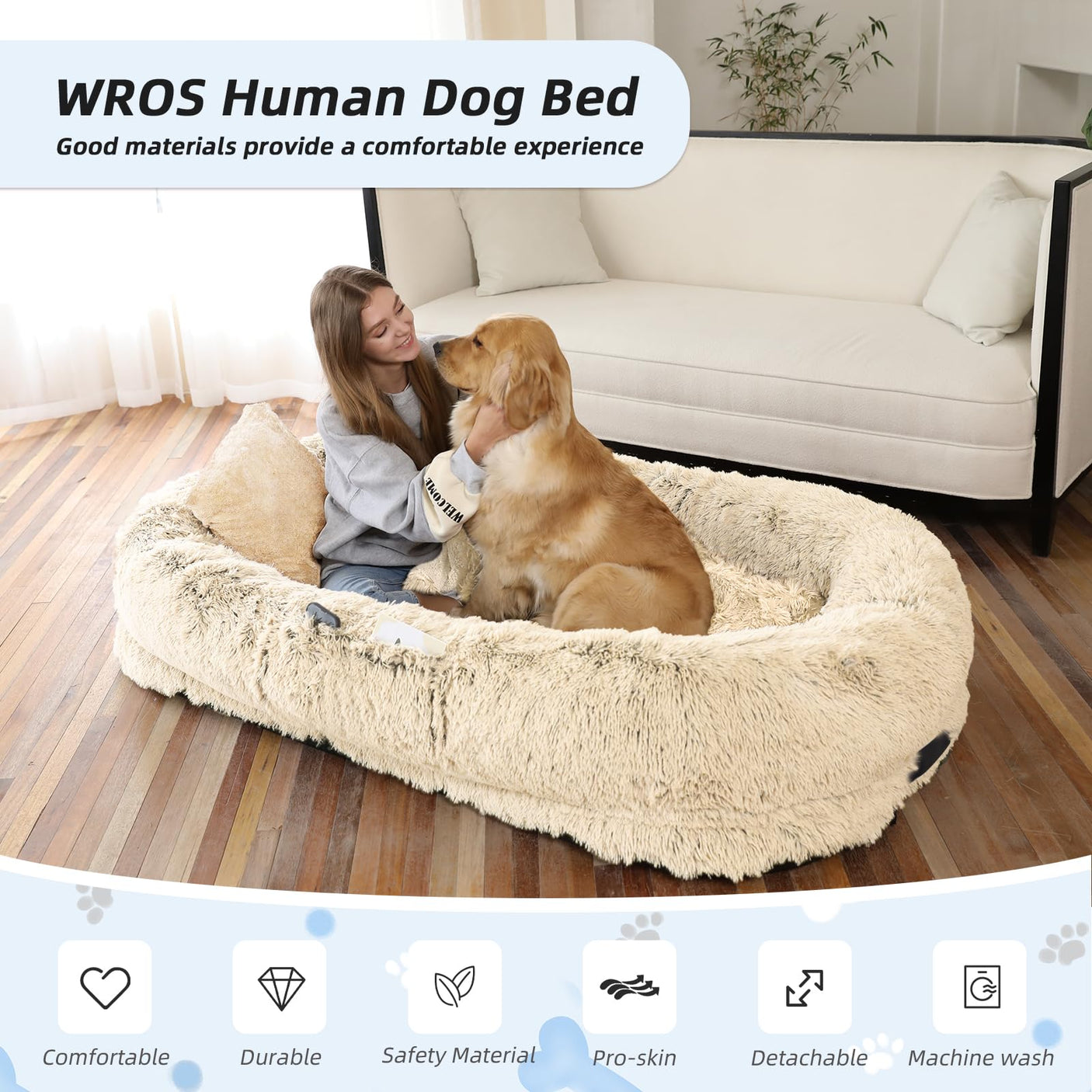 Human Dog Bed, Large Dog Beds for Humans Size Fits You and Pets, Washable Faux Fur Orthopedic Human Pet Bed for People Doze Off, Napping, Present Pillow, Blanket, Strap - Khaki