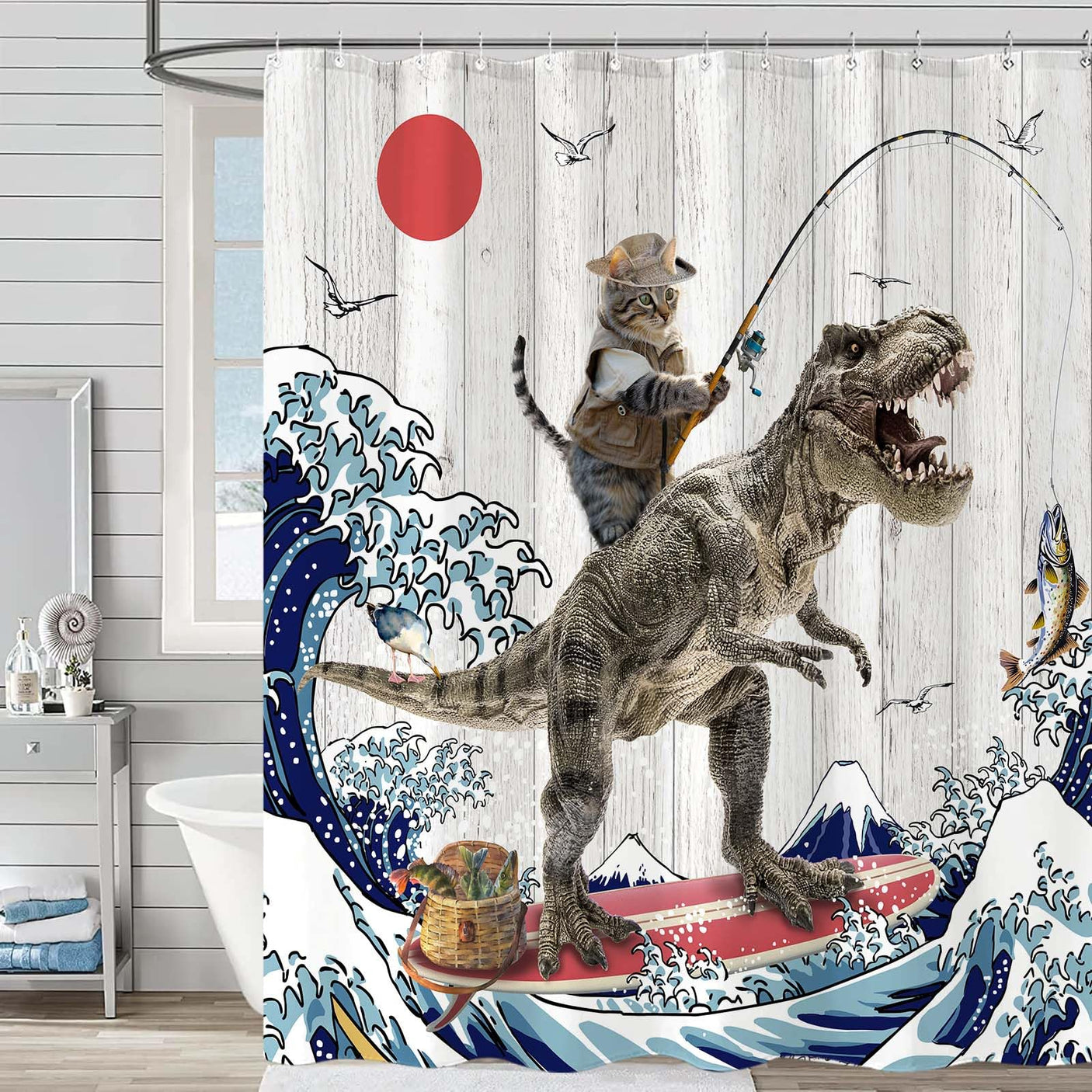 Fowocu Funny Cat Shower Curtain Set Teal Blue Sea Ocean Waterproof Fabric Shower Curtains with Animal Octopus Starfish Turtle Anchor Fish Nautical Bathroom Decor (Blue, 72''×72'')