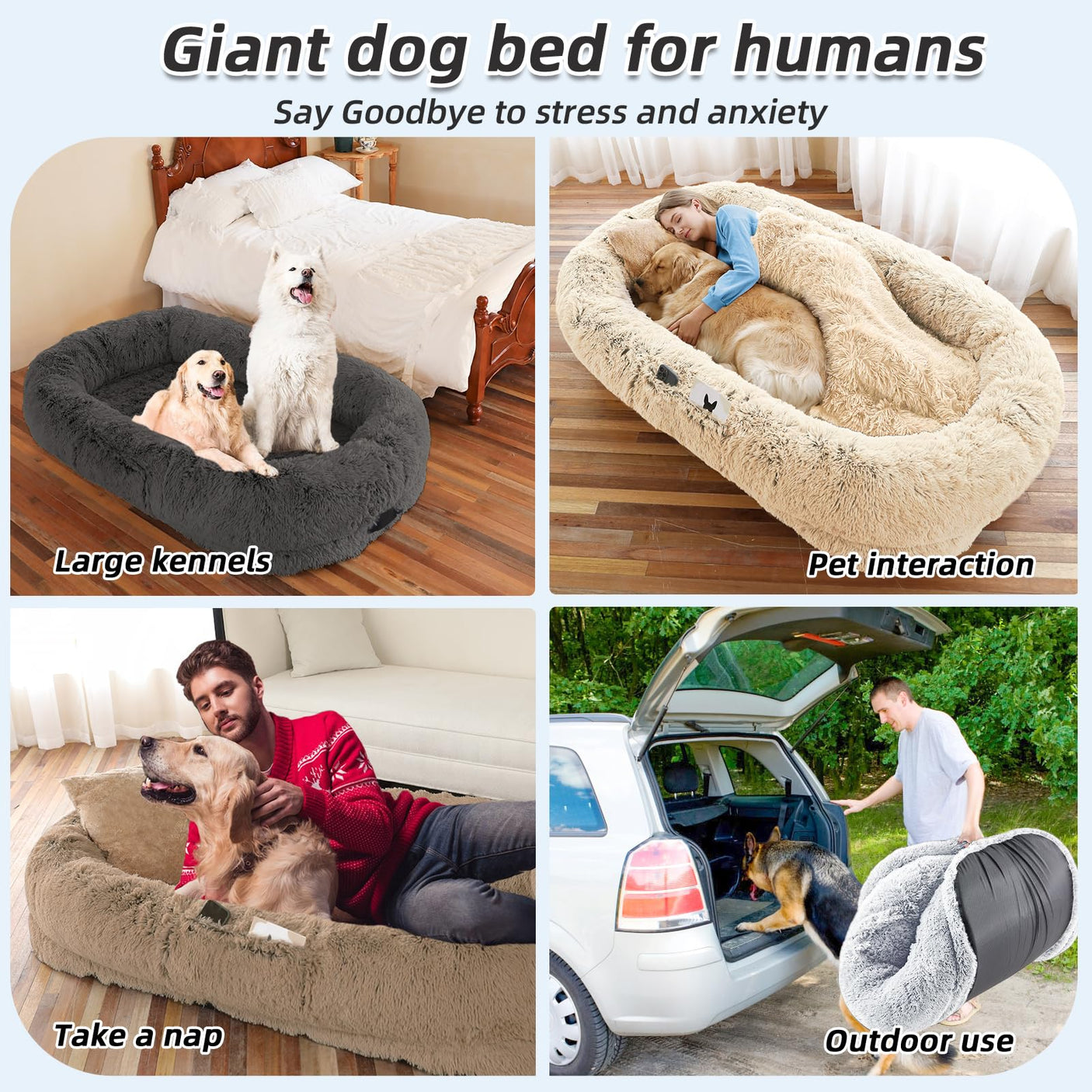 Human Dog Bed, Large Dog Beds for Humans Size Fits You and Pets, Washable Faux Fur Orthopedic Human Pet Bed for People Doze Off, Napping, Present Pillow, Blanket, Strap - Khaki