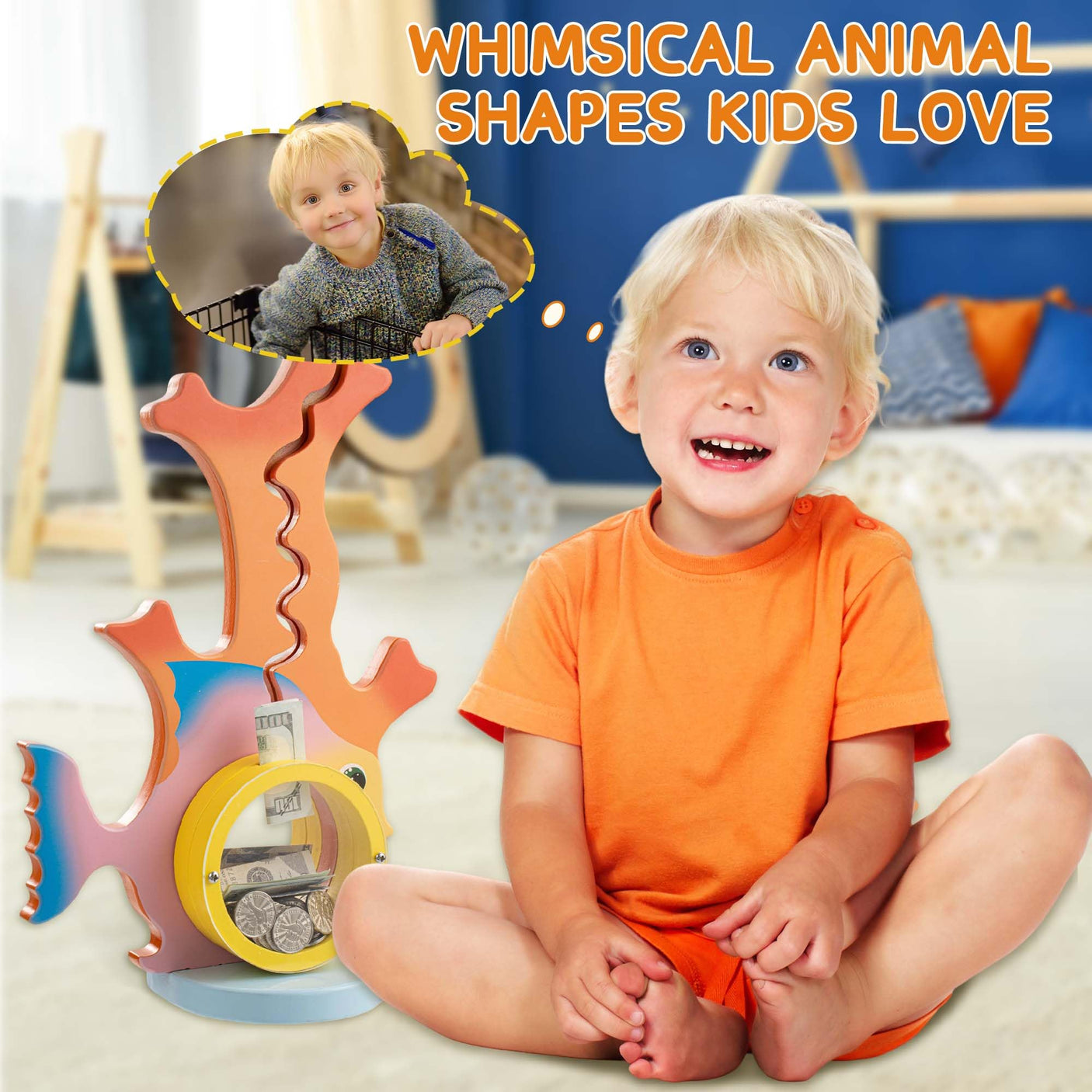 Wooden Dinosaur Piggy Bank Boalord for Boys Kids Girls Clear Big Belly Animal Coin Bank for Toddler Real Money Toy(Dino-Blue)