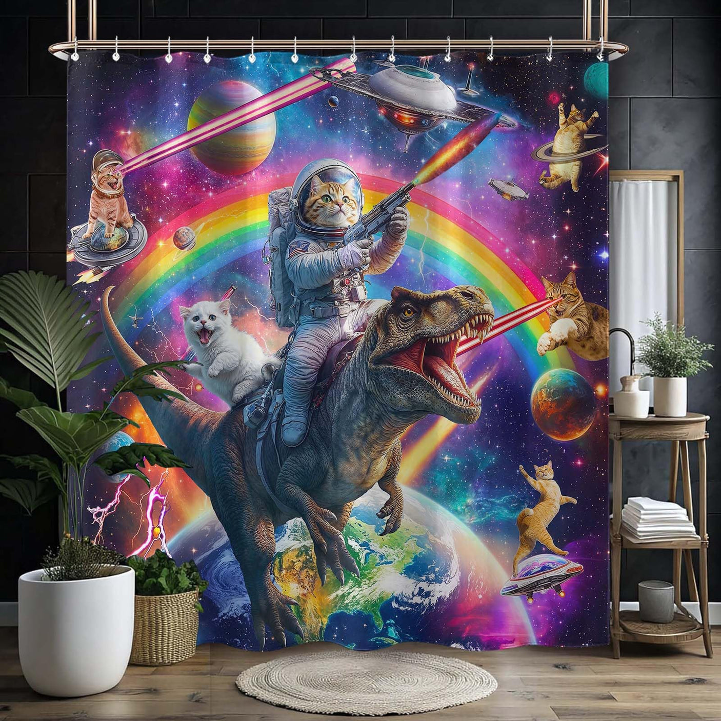 Fowocu Funny Cat Shower Curtain Set Teal Blue Sea Ocean Waterproof Fabric Shower Curtains with Animal Octopus Starfish Turtle Anchor Fish Nautical Bathroom Decor (Blue, 72''×72'')