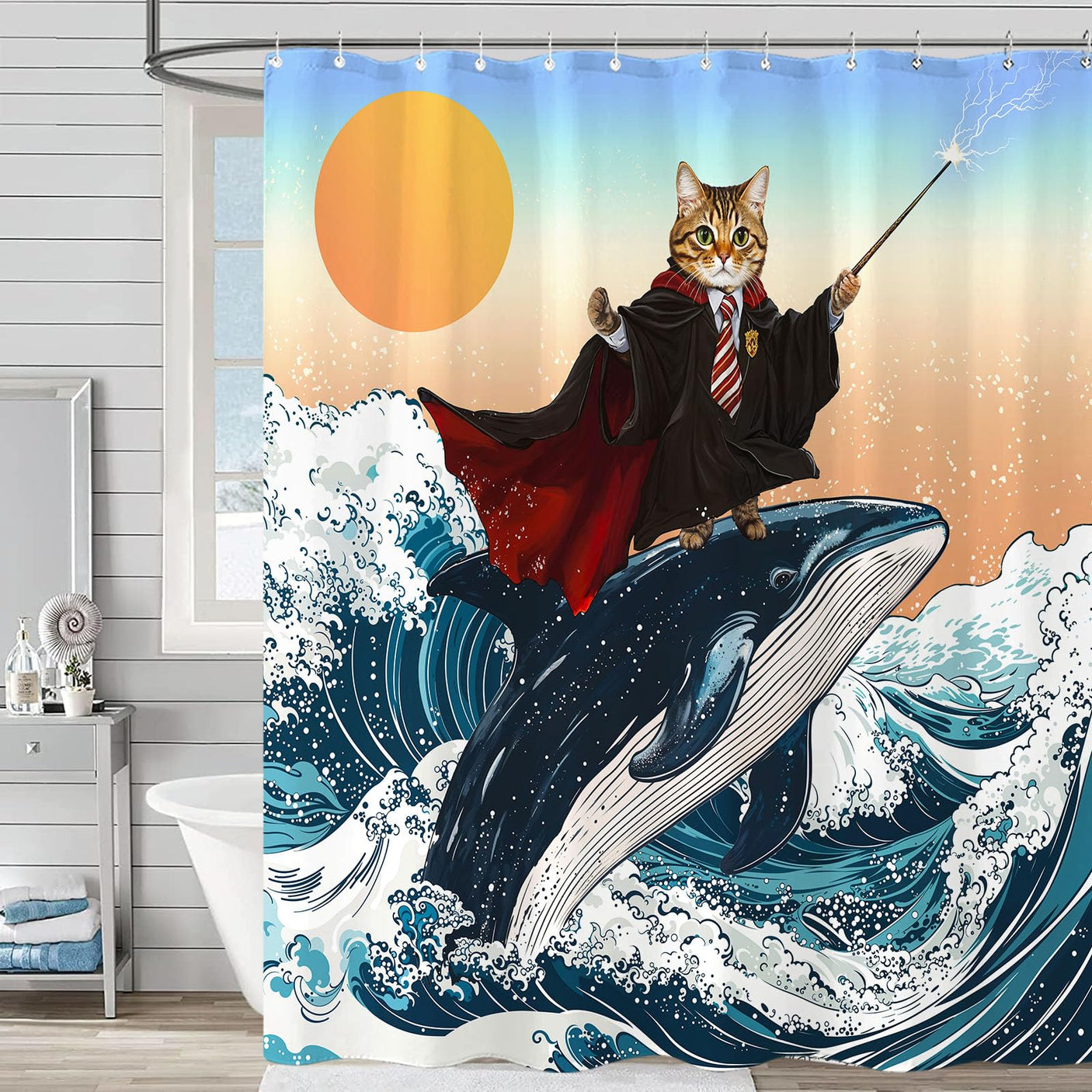 Fowocu Funny Cat Shower Curtain Set Teal Blue Sea Ocean Waterproof Fabric Shower Curtains with Animal Octopus Starfish Turtle Anchor Fish Nautical Bathroom Decor (Blue, 72''×72'')