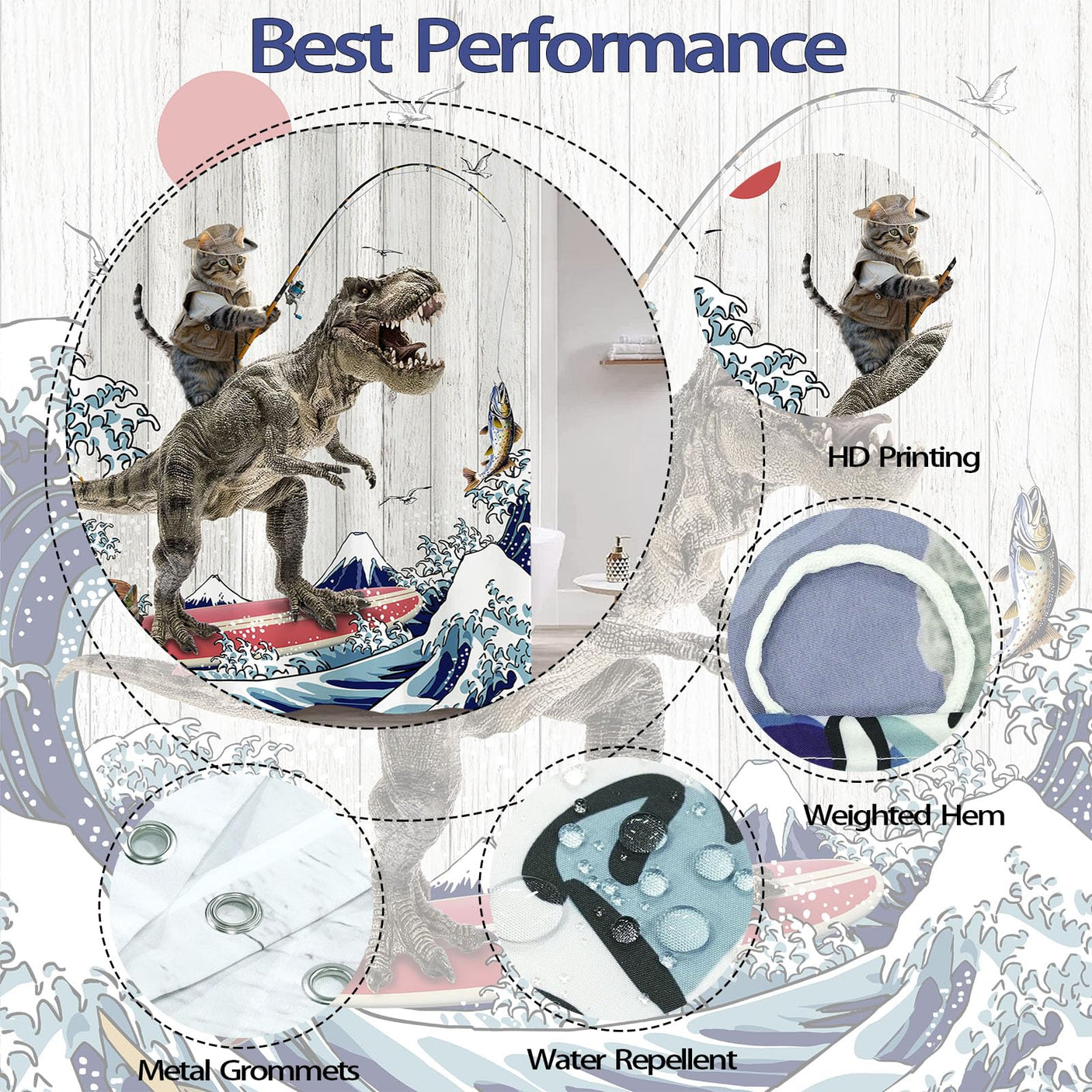 Fowocu Funny Cat Shower Curtain Set Teal Blue Sea Ocean Waterproof Fabric Shower Curtains with Animal Octopus Starfish Turtle Anchor Fish Nautical Bathroom Decor (Blue, 72''×72'')