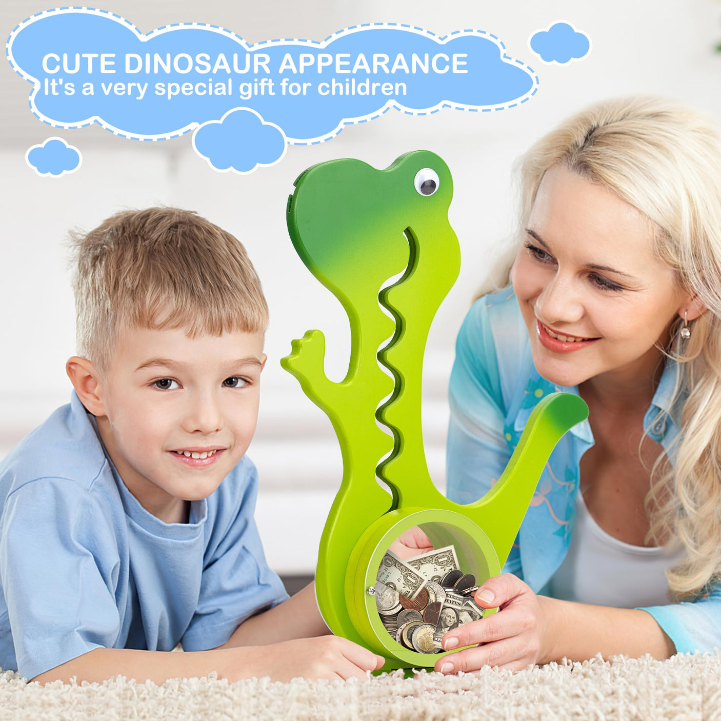 Wooden Dinosaur Piggy Bank Boalord for Boys Kids Girls Clear Big Belly Animal Coin Bank for Toddler Real Money Toy(Dino-Blue)