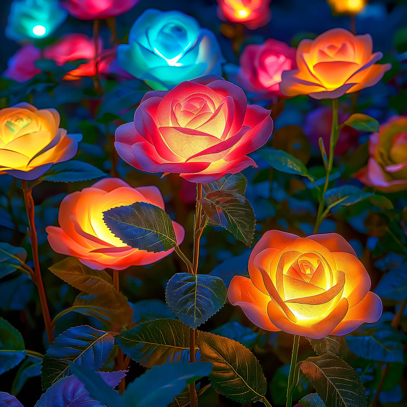 Solar Garden Lights Outdoor, 4 Pack Solar Light Outdoor with 20 Rose Flowers, Waterproof 7 Color Changing Solar Powered Flowers Lights for Outside Patio Yard Pathway