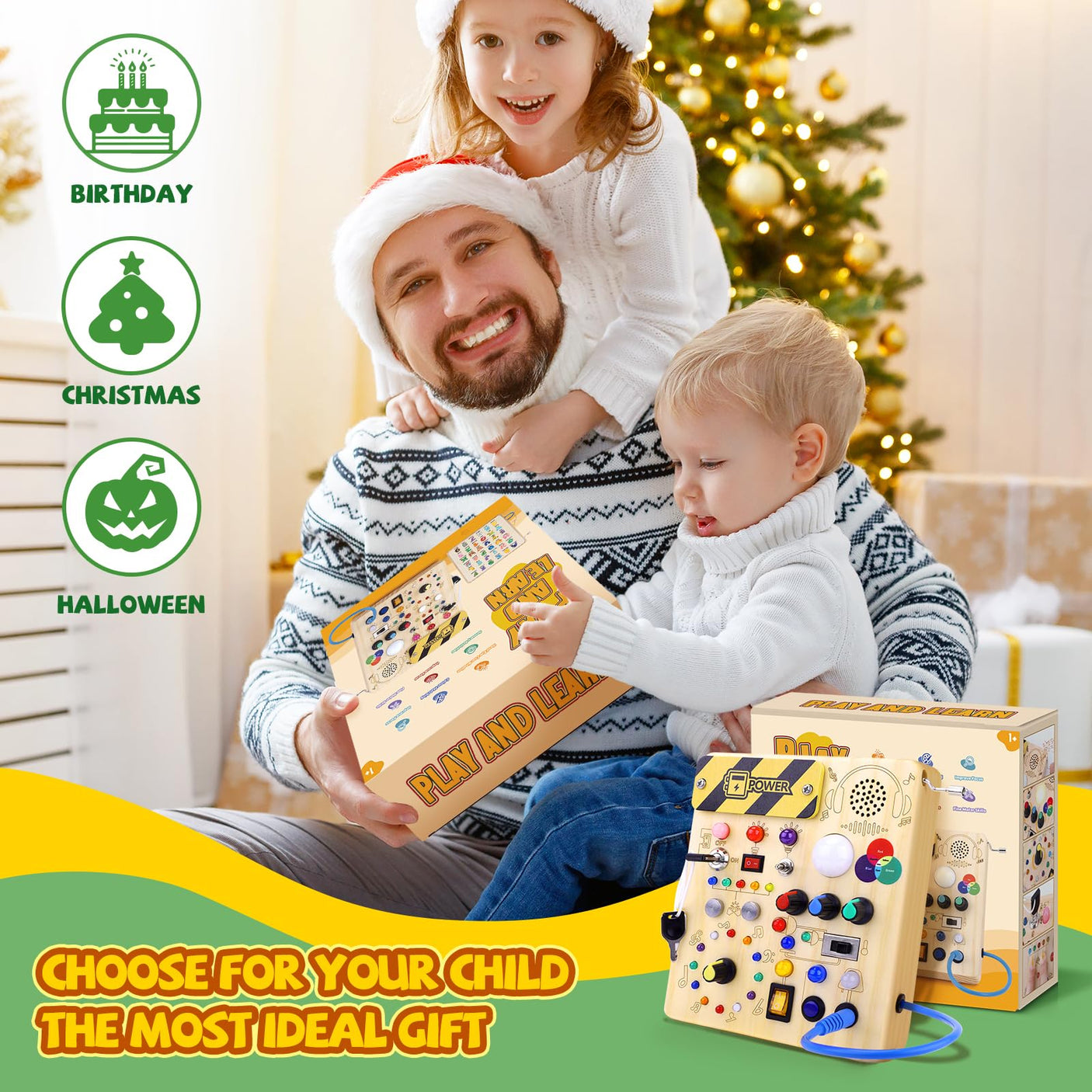 Busy Board, Montessori Toy for 1-3 Years Old, Wooden Toddler Sensory Travel Toy, Ideal Gift for 1+ Year Old Boys (Busy Board Plus V2), Medium, Yellow