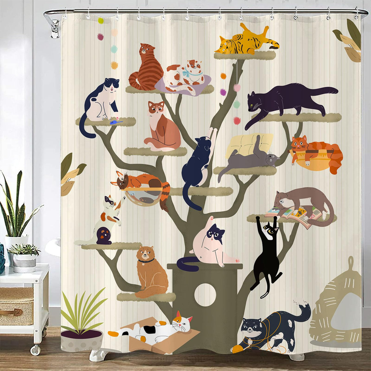 Fowocu Funny Cat Shower Curtain Set Teal Blue Sea Ocean Waterproof Fabric Shower Curtains with Animal Octopus Starfish Turtle Anchor Fish Nautical Bathroom Decor (Blue, 72''×72'')