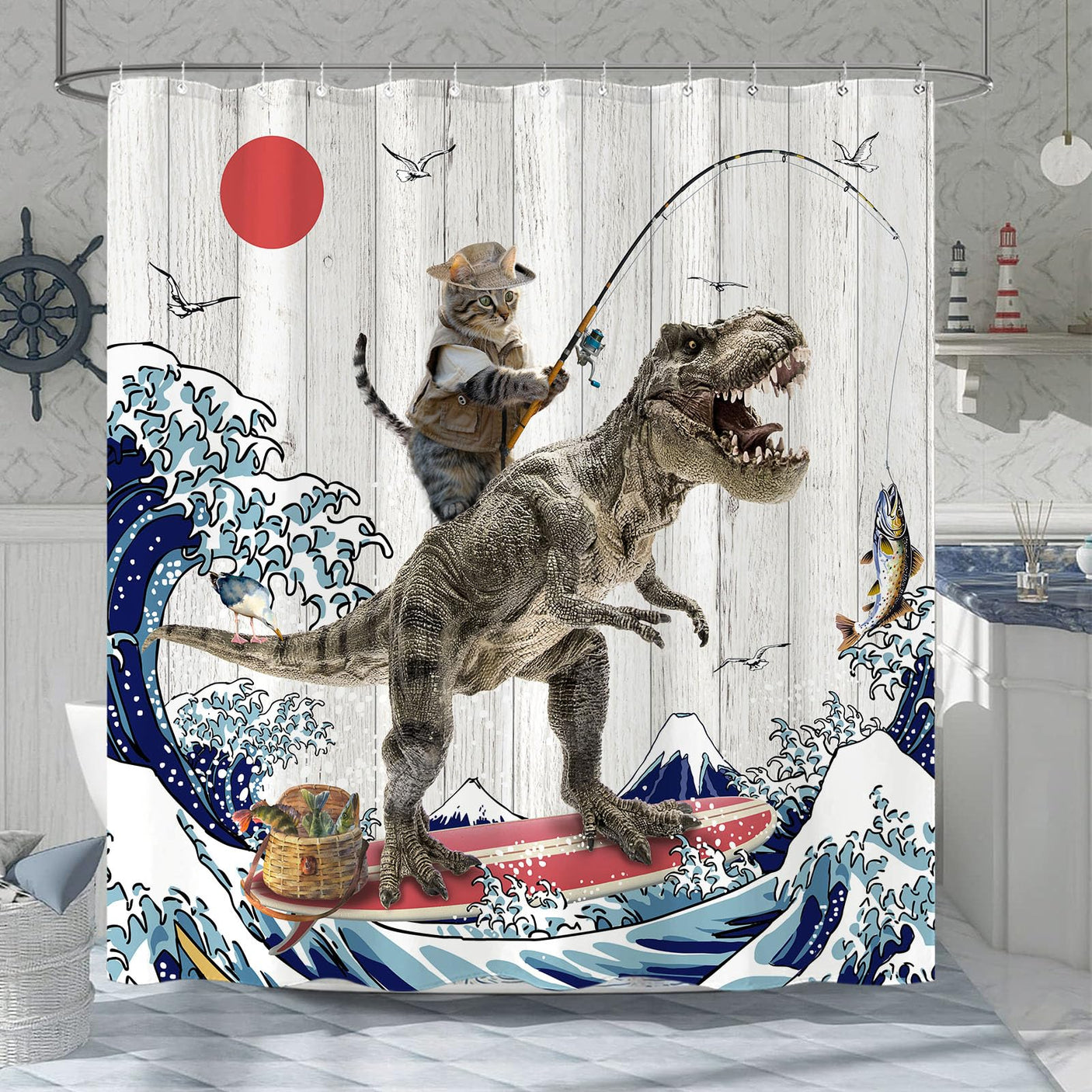 Fowocu Funny Cat Shower Curtain Set Teal Blue Sea Ocean Waterproof Fabric Shower Curtains with Animal Octopus Starfish Turtle Anchor Fish Nautical Bathroom Decor (Blue, 72''×72'')