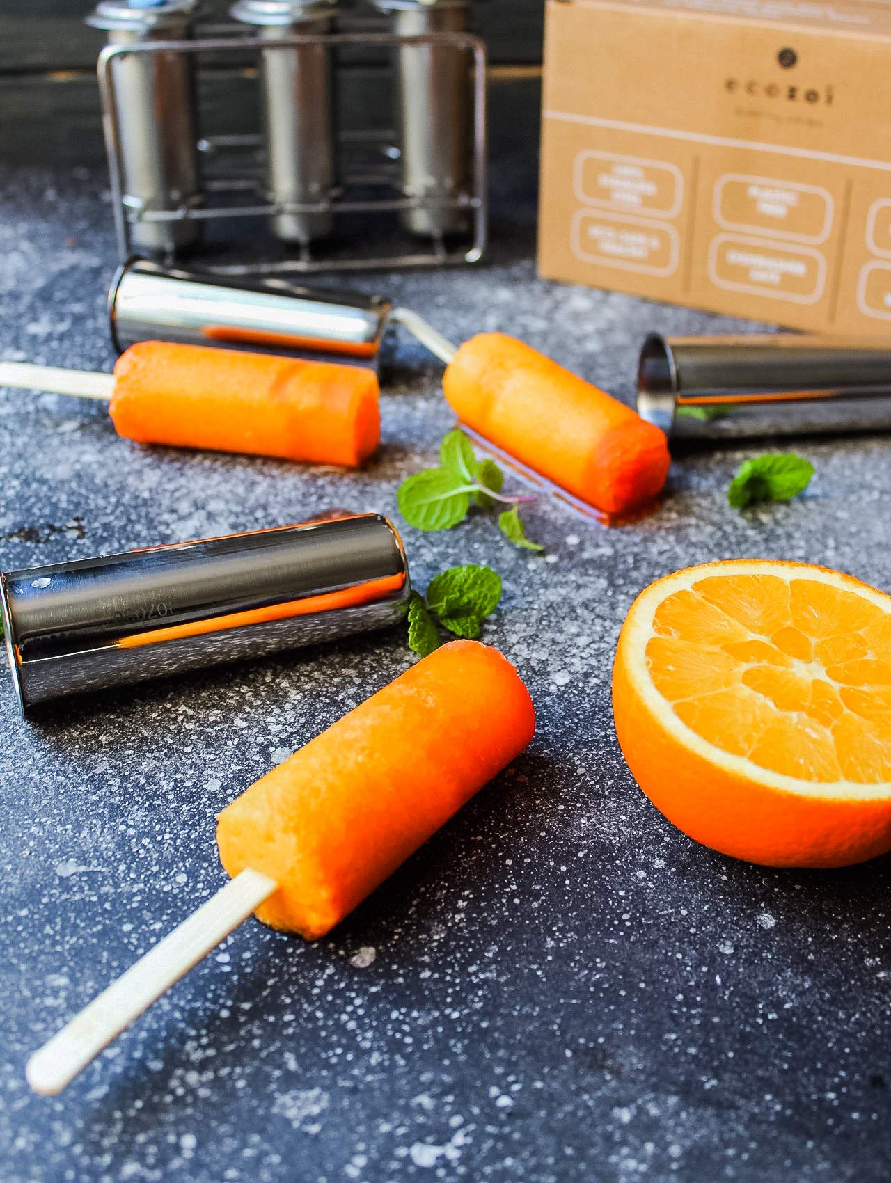 Stainless Steel Popsicle Molds and Rack - 10 Square Ice Pop Makers + 50 Reusable Bamboo Sticks + 20 Silicone Seals + 1 Cleaning Brush + 1 Rack