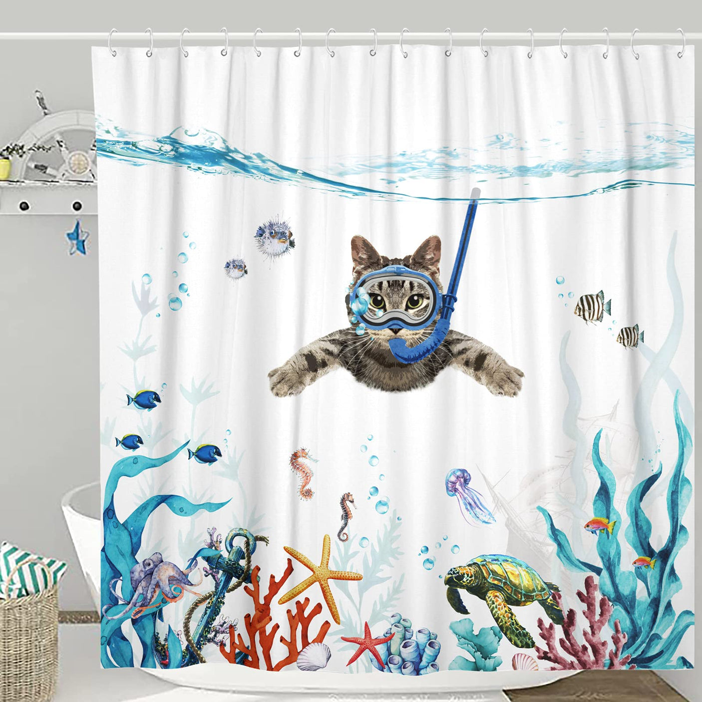 Fowocu Funny Cat Shower Curtain Set Teal Blue Sea Ocean Waterproof Fabric Shower Curtains with Animal Octopus Starfish Turtle Anchor Fish Nautical Bathroom Decor (Blue, 72''×72'')