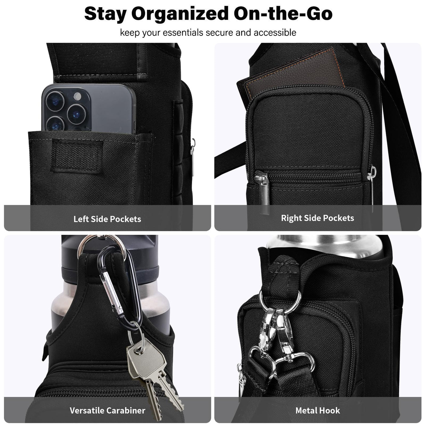 icolor Magnetic Gym Bag Water Bottle Carrier Holder with Phone Pockets & Shoulder Strap,5 Built-in Magnets Gym Bottle Pouch Sleeve,Magnetic Bag Gym Accessories Organizer for Men Women