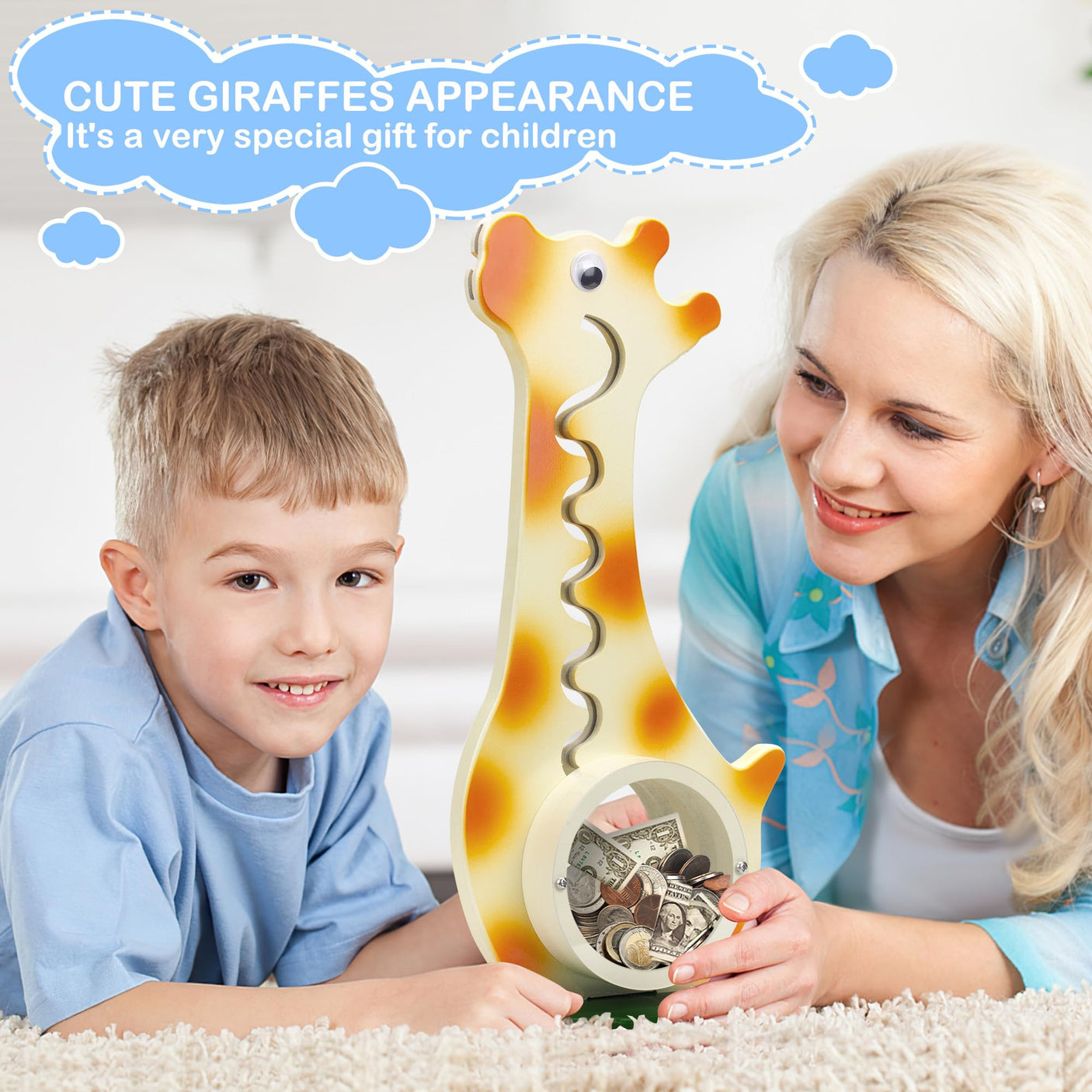 Wooden Dinosaur Piggy Bank Boalord for Boys Kids Girls Clear Big Belly Animal Coin Bank for Toddler Real Money Toy(Dino-Blue)