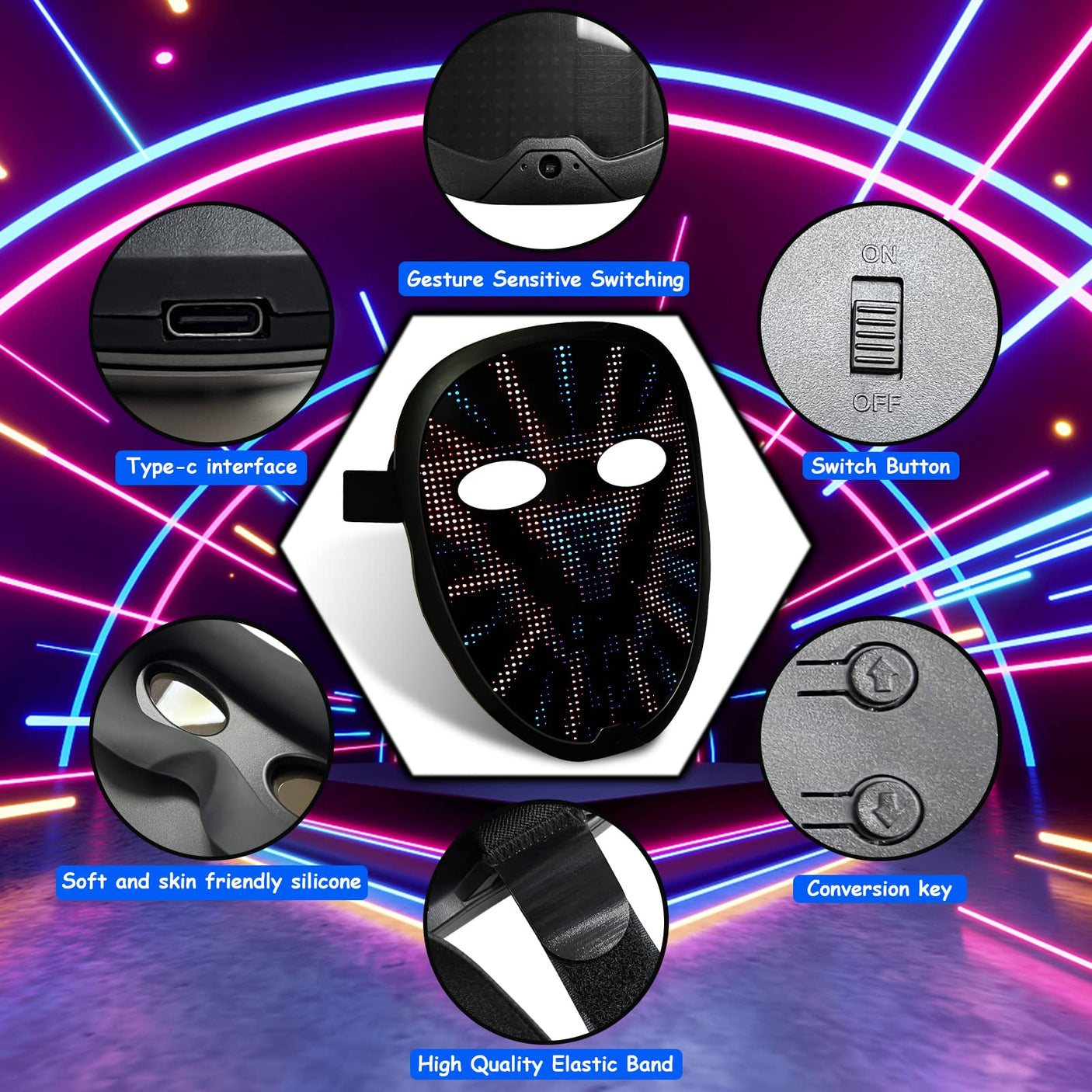 Depointer Life Led Mask with Rechargeable Bluetooth-compatible App Controlled, Customizable led mask, Lighted Face Transforming Mask, unisex-Adult