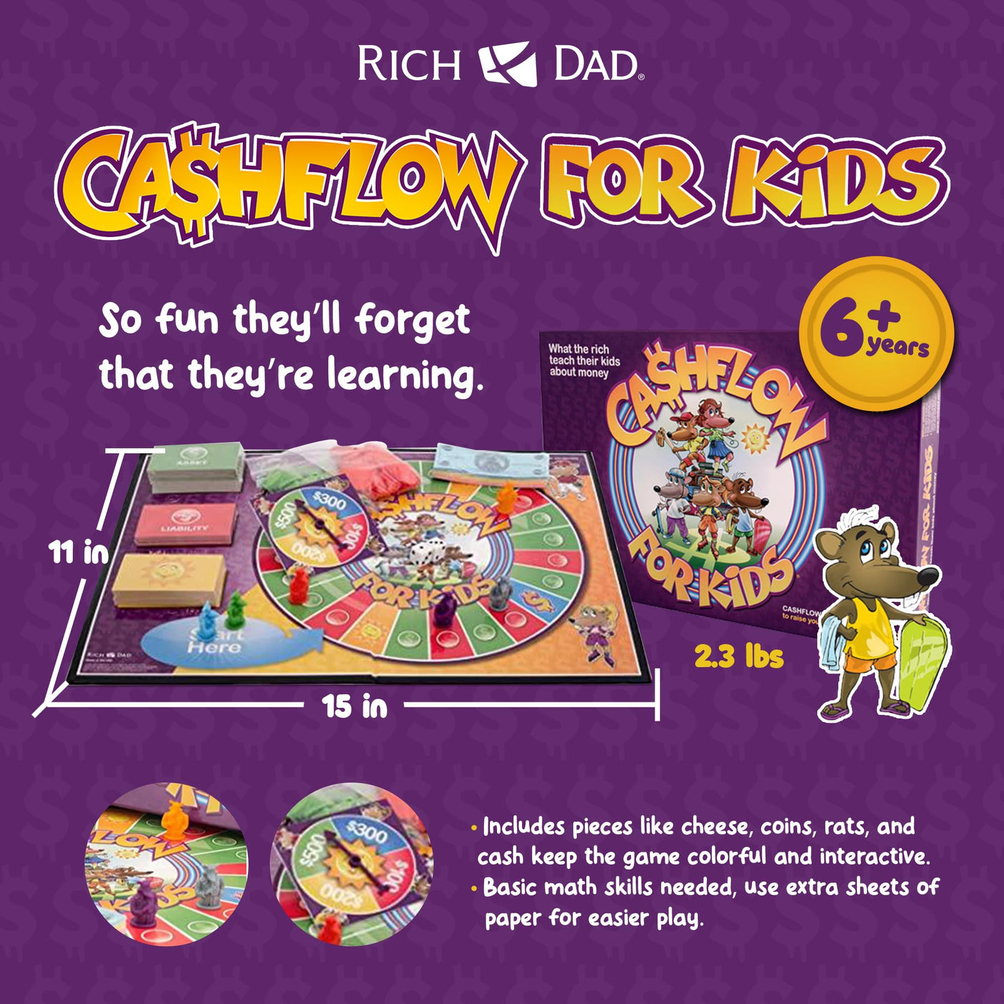 Rich Dad Cashflow Board Game for Kids, Children's Edition, Up to 6 Players, Ages 6+ - Fun and Educational Learning Games for Boys, Girls, and Family