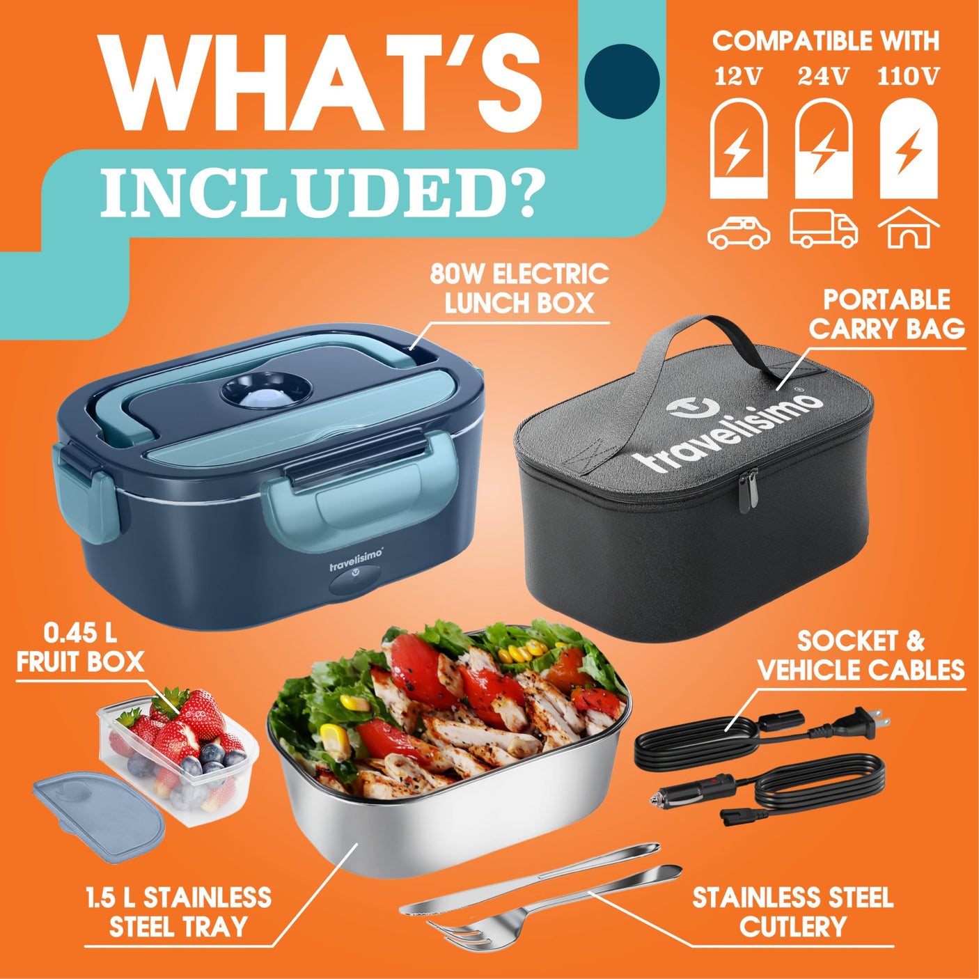 TRAVELISIMO Electric Lunch Box for Adults 80W Heated Lunch Box For Men 1.5L Stainless Steel Portable Food Warmer, 12/24/110V Electric Food Warmers for Travel & Work, Loncheras Para Hombres de Trabajo