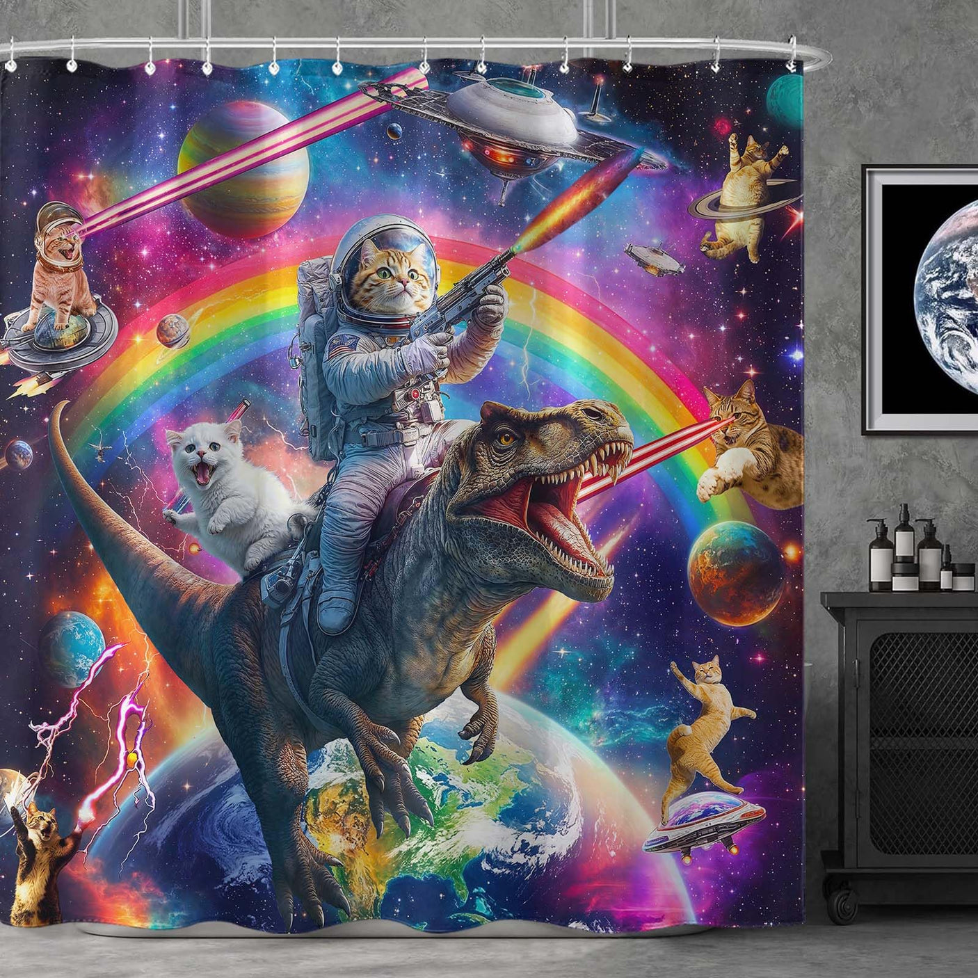 Fowocu Funny Cat Shower Curtain Set Teal Blue Sea Ocean Waterproof Fabric Shower Curtains with Animal Octopus Starfish Turtle Anchor Fish Nautical Bathroom Decor (Blue, 72''×72'')