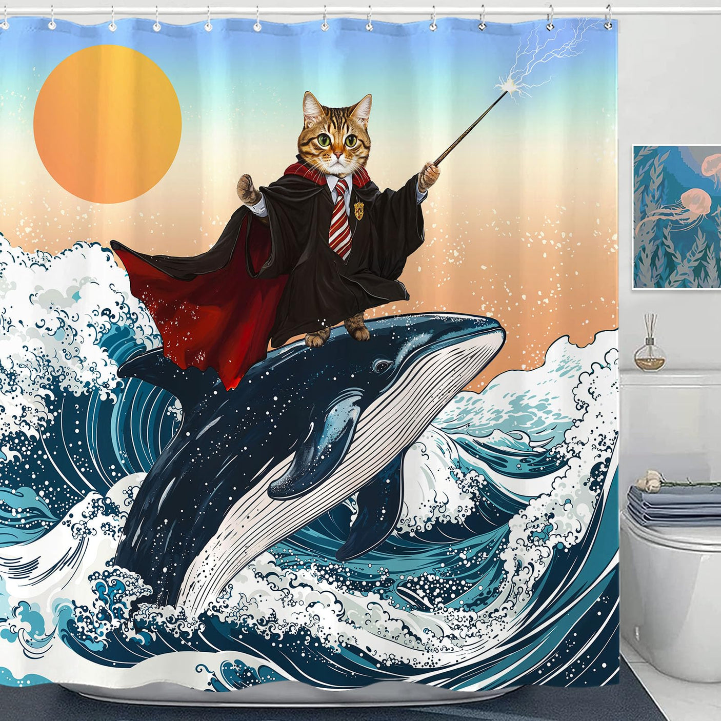 Fowocu Funny Cat Shower Curtain Set Teal Blue Sea Ocean Waterproof Fabric Shower Curtains with Animal Octopus Starfish Turtle Anchor Fish Nautical Bathroom Decor (Blue, 72''×72'')