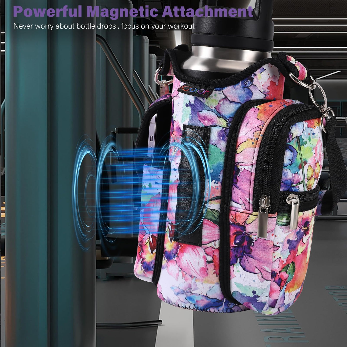 icolor Magnetic Gym Bag Water Bottle Carrier Holder with Phone Pockets & Shoulder Strap,5 Built-in Magnets Gym Bottle Pouch Sleeve,Magnetic Bag Gym Accessories Organizer for Men Women