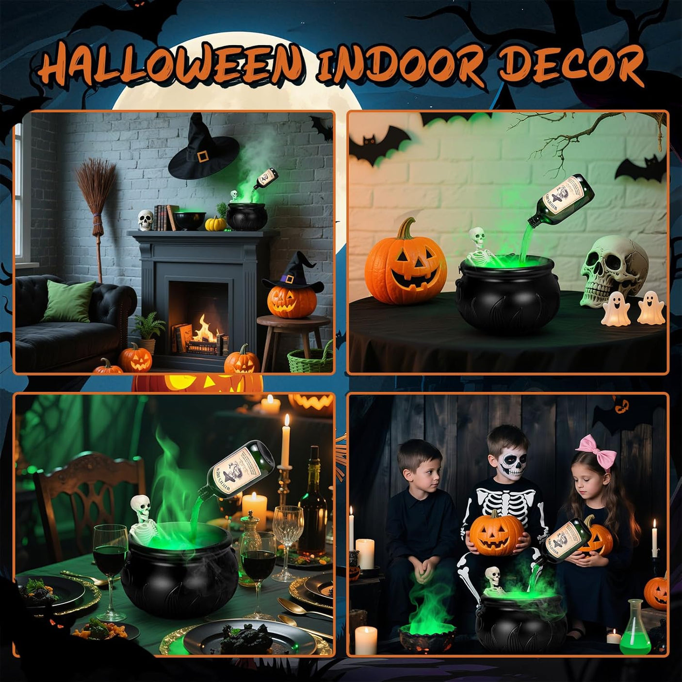Halloween Decorations Indoor - Cauldron Decor with Skeleton, Magic Floating Potion Bottles & Fog Maker - Black Witches Cauldron Halloween Party Decoration for Home Table