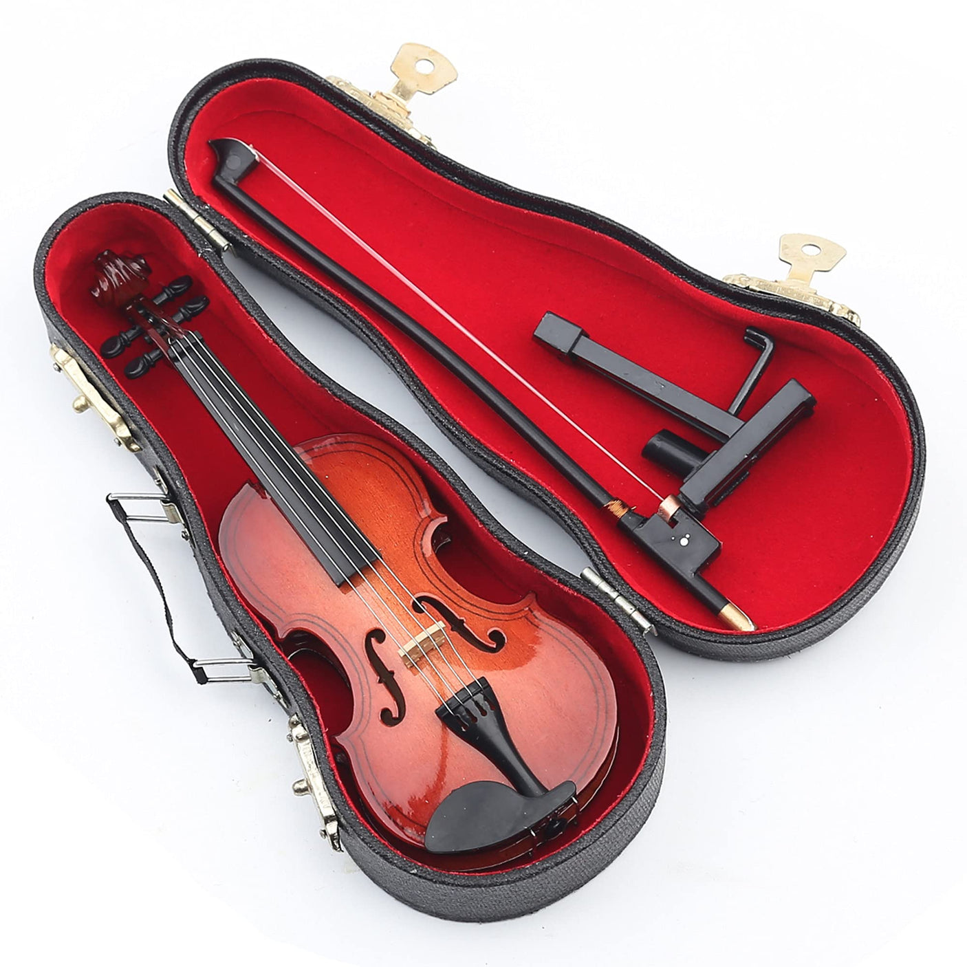 Wooden Miniature Violin with Stand, Bow and Case Mini Musical Instrument Violin Replica Collectible Figurines Dollhouse Accessories Model Home Decoration Display Ornament (3.15"x1.18"x0.59")