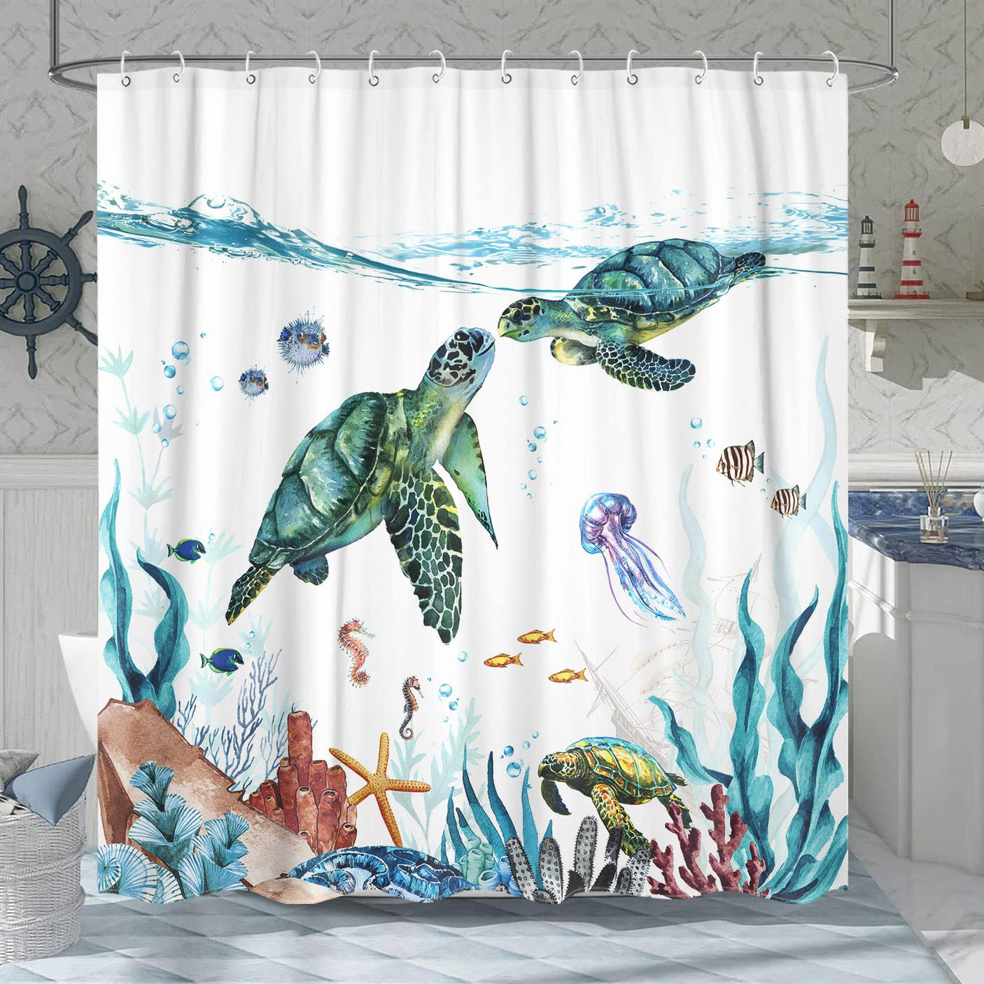 Fowocu Funny Cat Shower Curtain Set Teal Blue Sea Ocean Waterproof Fabric Shower Curtains with Animal Octopus Starfish Turtle Anchor Fish Nautical Bathroom Decor (Blue, 72''×72'')