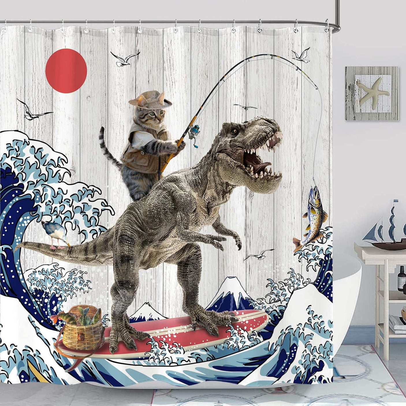Fowocu Funny Cat Shower Curtain Set Teal Blue Sea Ocean Waterproof Fabric Shower Curtains with Animal Octopus Starfish Turtle Anchor Fish Nautical Bathroom Decor (Blue, 72''×72'')