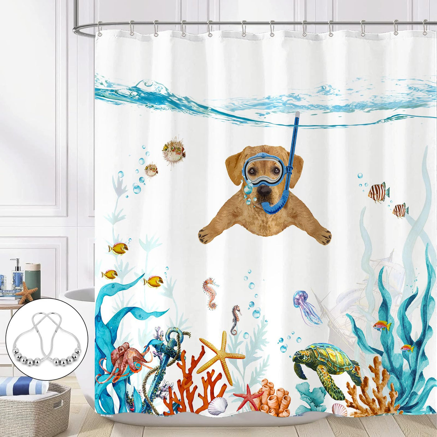 Fowocu Funny Cat Shower Curtain Set Teal Blue Sea Ocean Waterproof Fabric Shower Curtains with Animal Octopus Starfish Turtle Anchor Fish Nautical Bathroom Decor (Blue, 72''×72'')